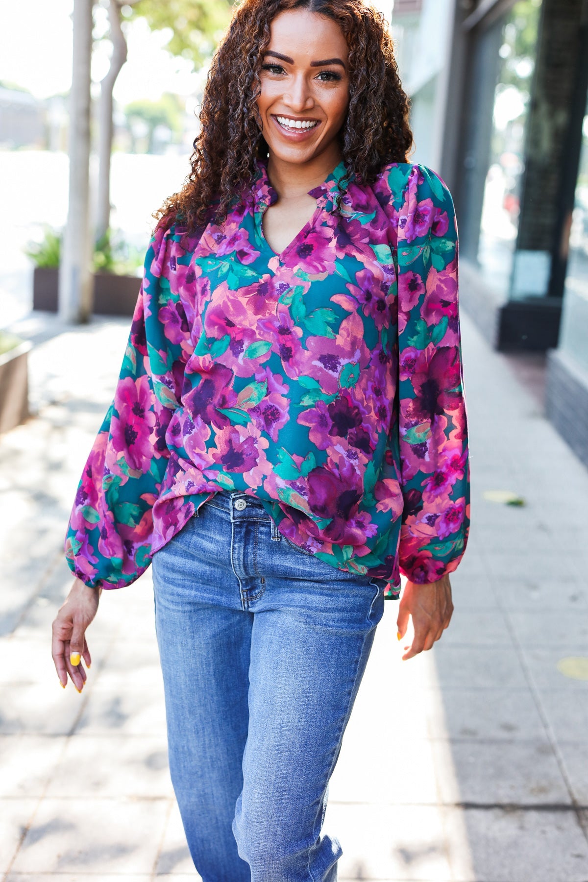 Hunter Green Watercolor Floral Notch Neck Top