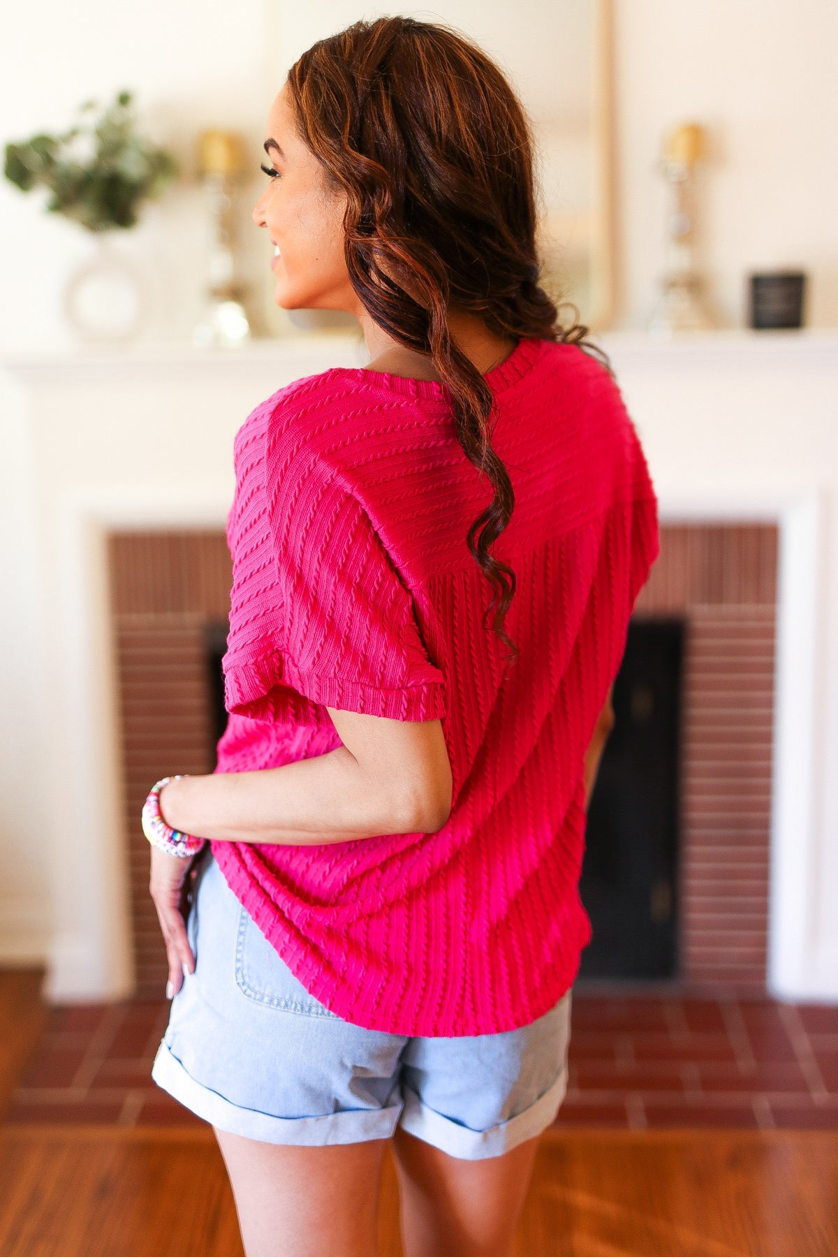 Fuchsia Cable Knit Dolman Short Sleeve Sweater Top