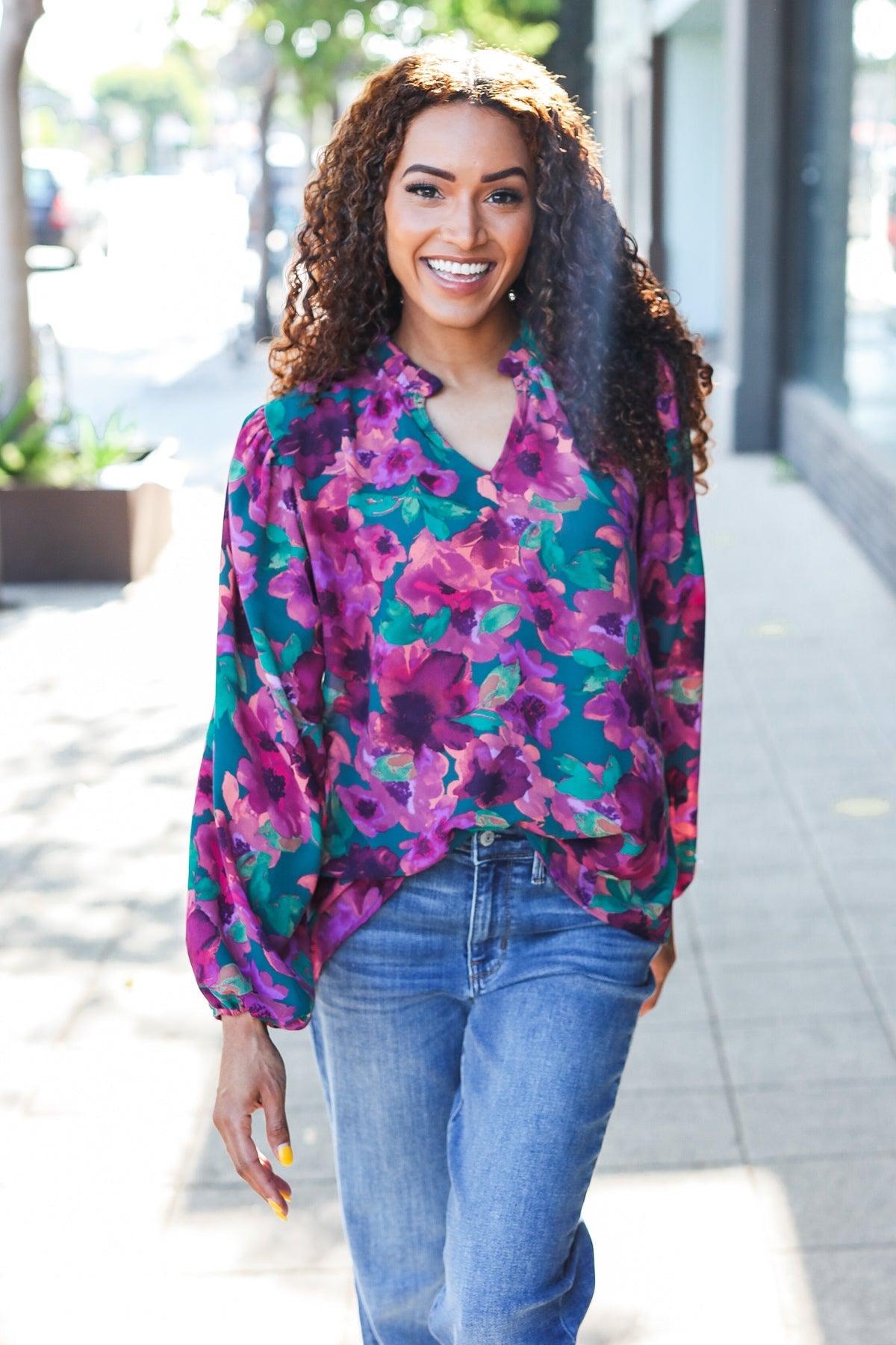 Hunter Green Watercolor Floral Notch Neck Top