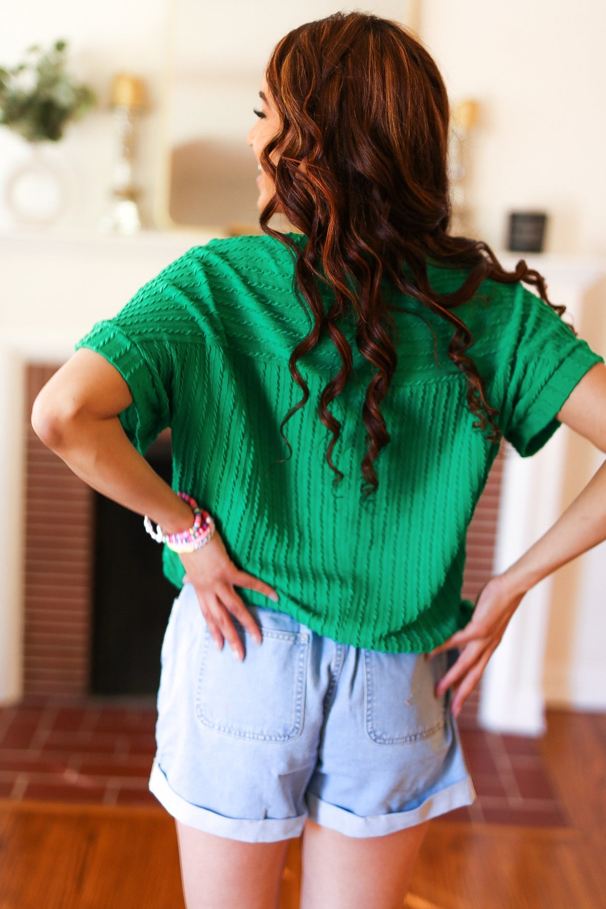 Green Cable Knit Dolman Short Sleeve Sweater Top