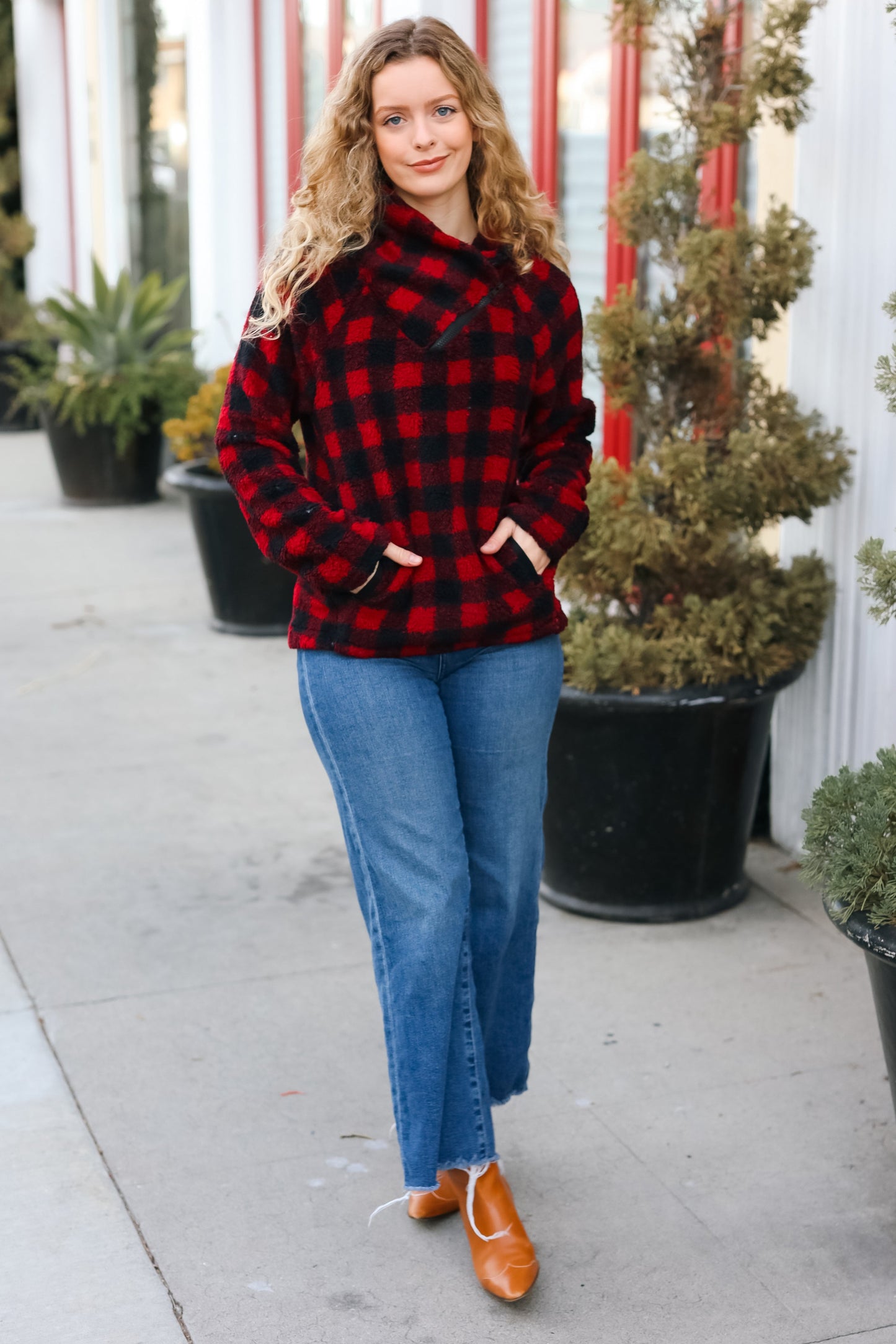 Red Sherpa Plaid Asymmetrical Zip Sweater Top