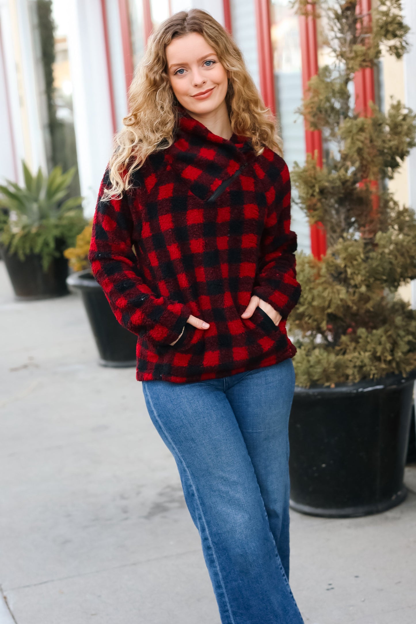 Red Sherpa Plaid Asymmetrical Zip Sweater Top