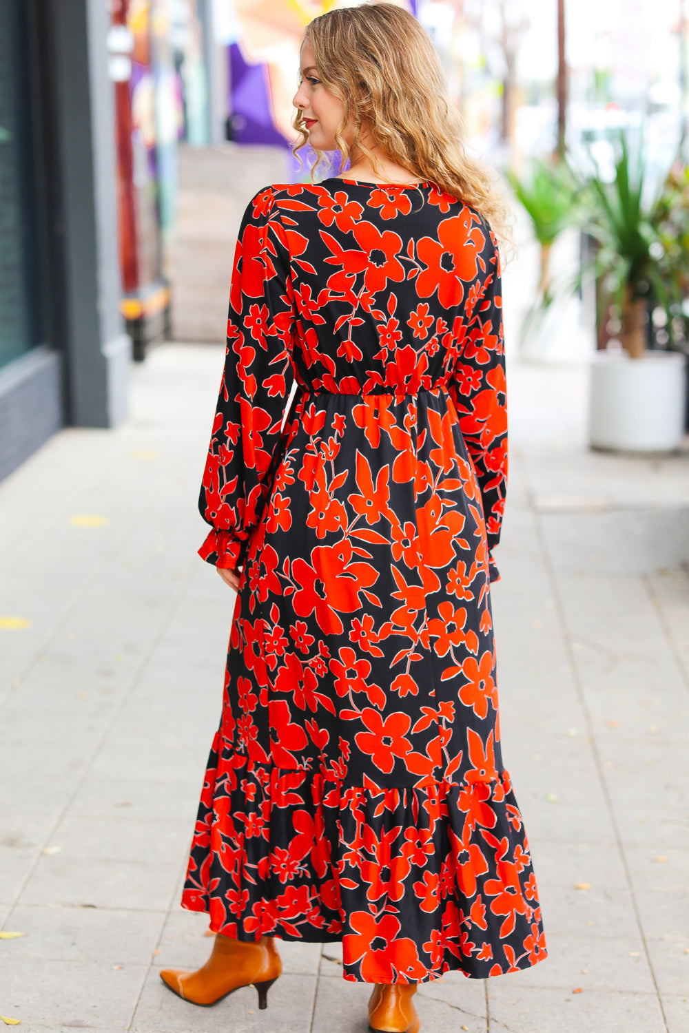 Black & Rust Floral Surplice Maxi Dress
