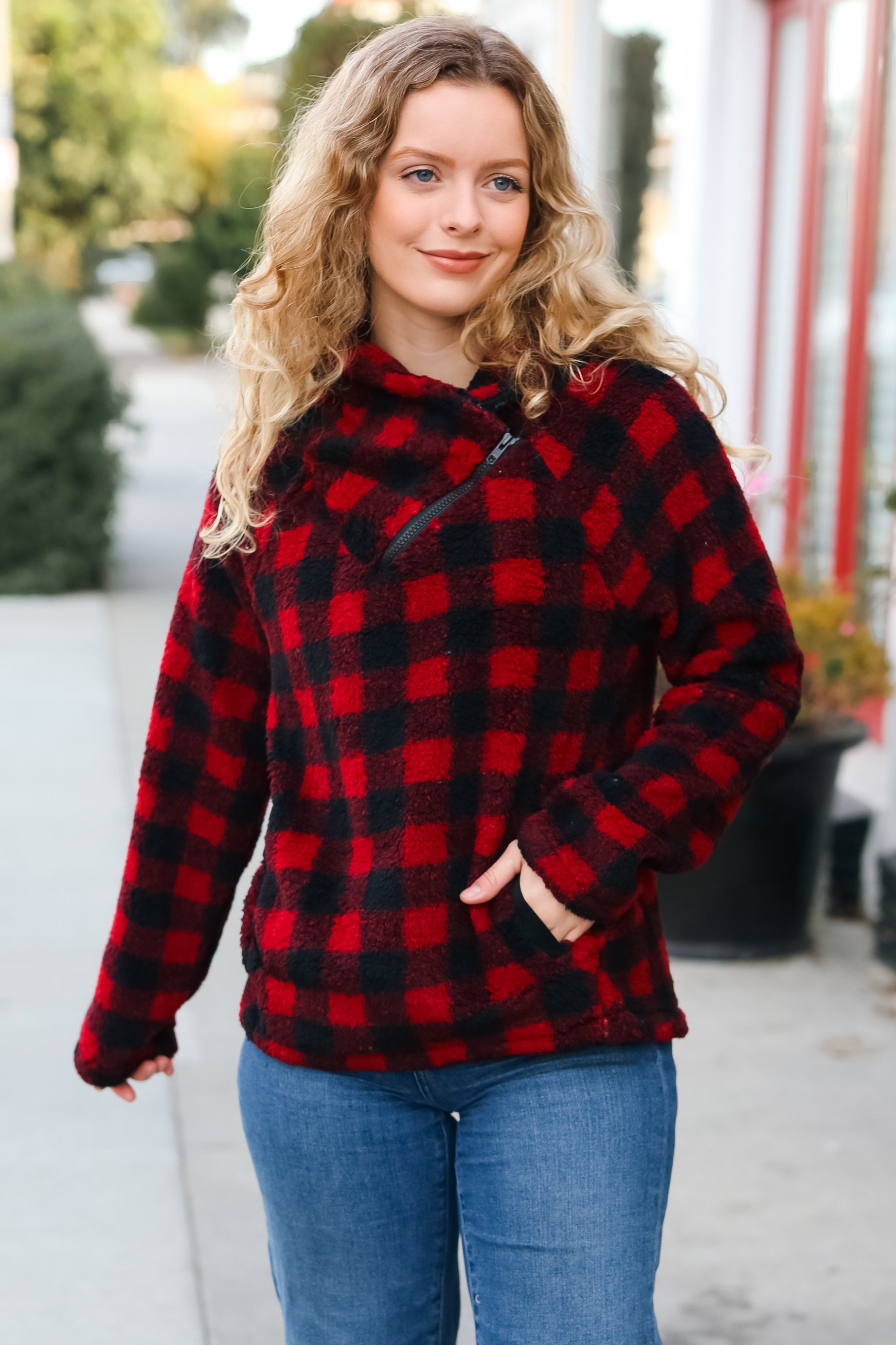 Red Sherpa Plaid Asymmetrical Zip Sweater Top