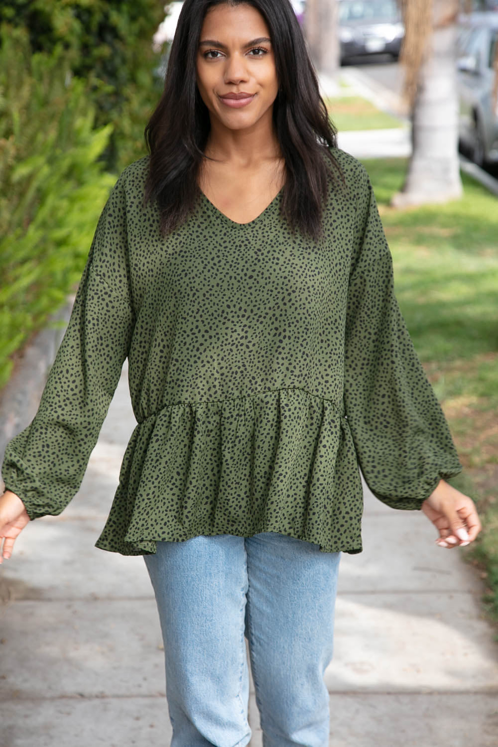 Moss Green Leopard Wool Dobby Woven Top