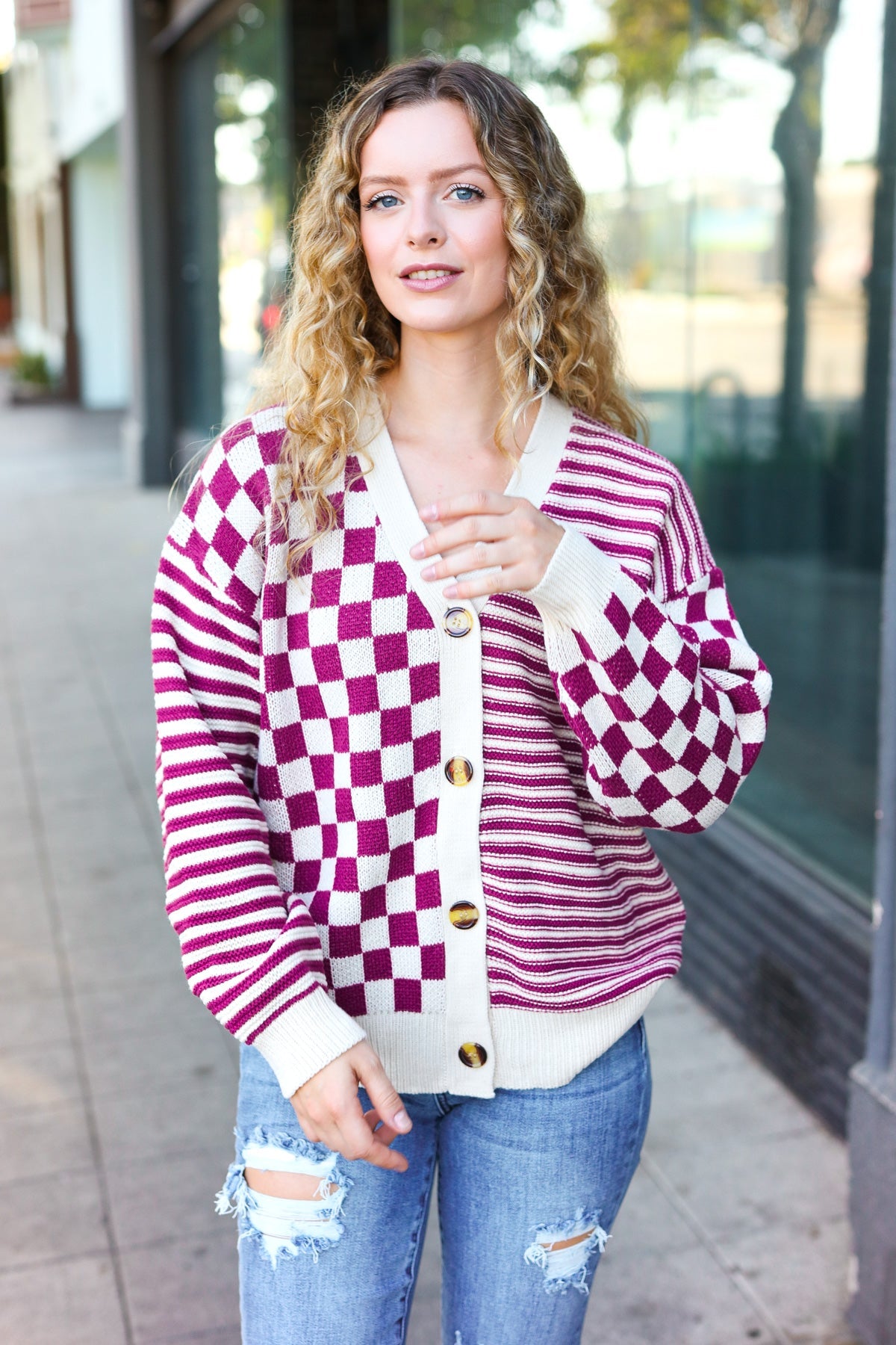 Magenta Checkered & Striped Button Down Cardigan