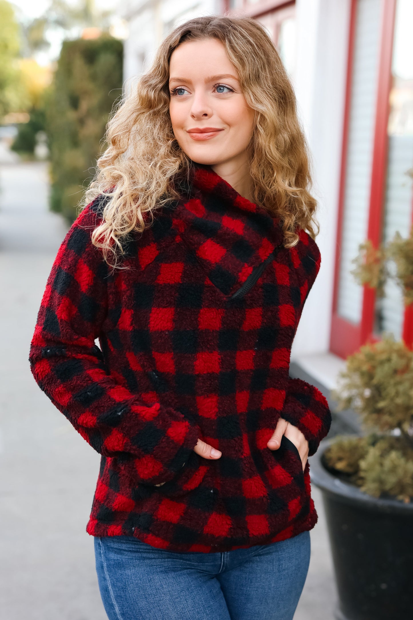 Red Sherpa Plaid Asymmetrical Zip Sweater Top