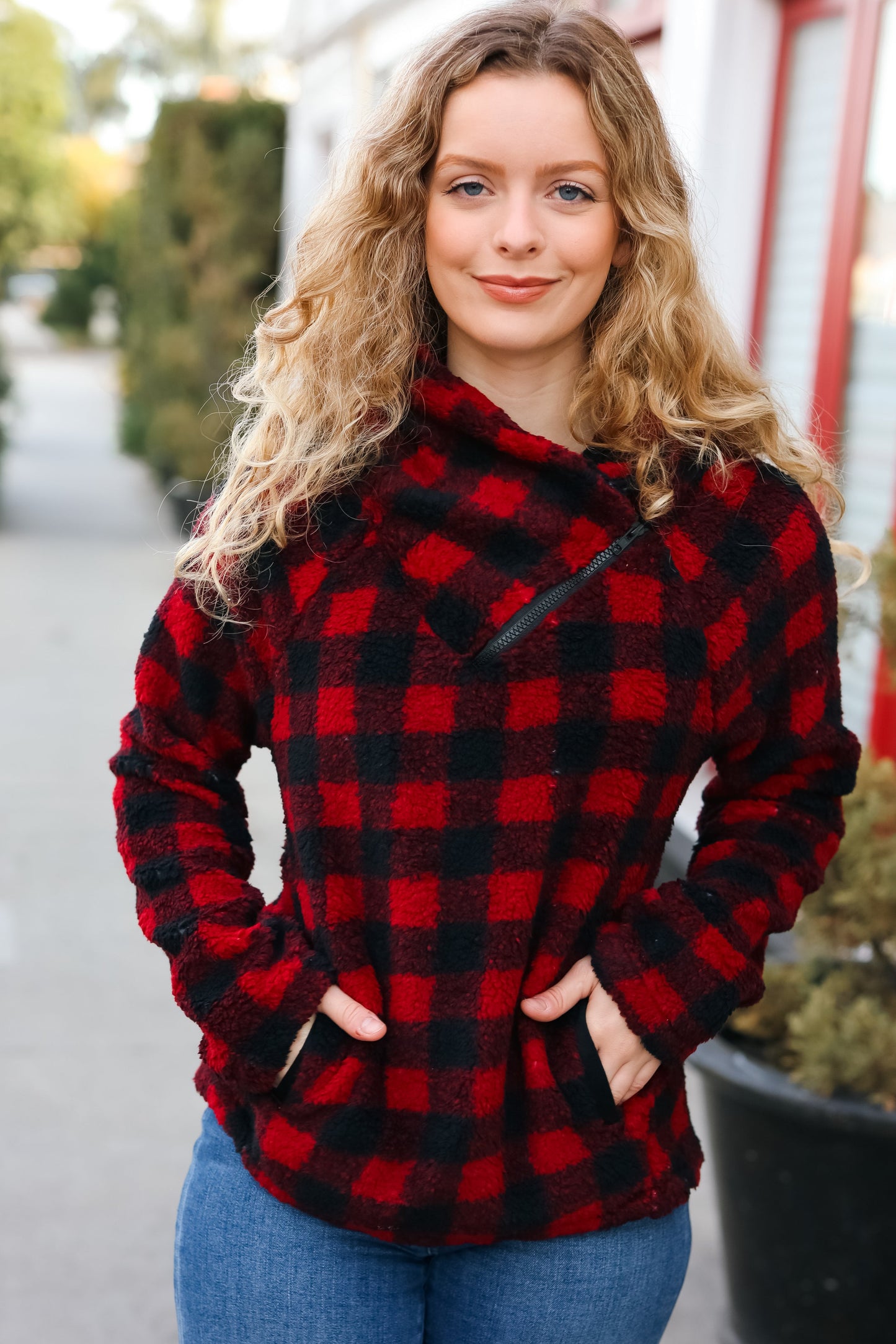 Red Sherpa Plaid Asymmetrical Zip Sweater Top