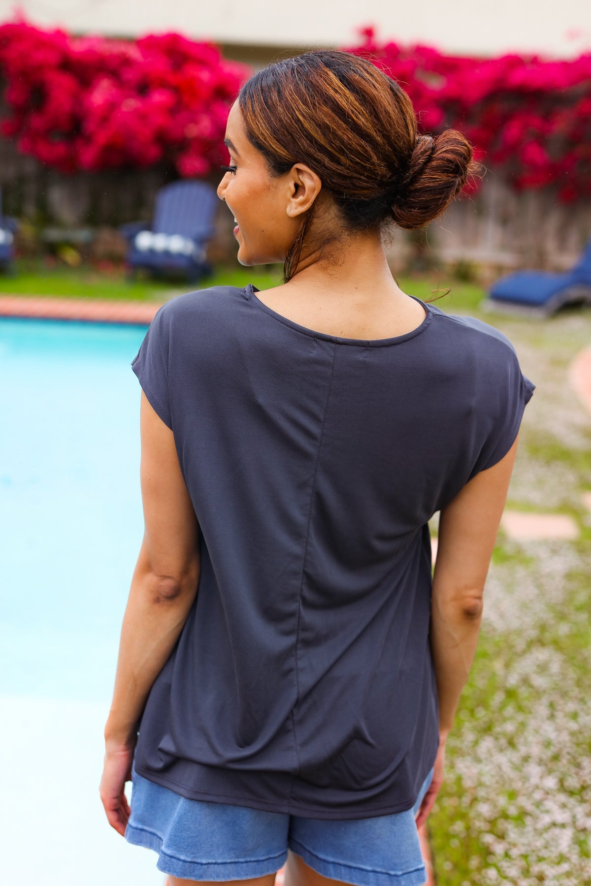 Charcoal Asymmetrical Shirred Drop Shoulder Modal Top