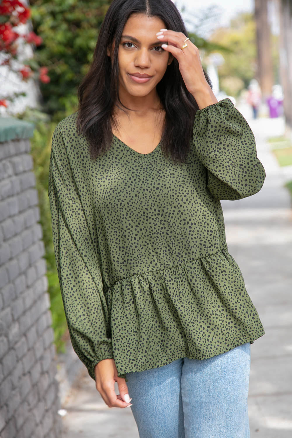 Moss Green Leopard Wool Dobby Woven Top