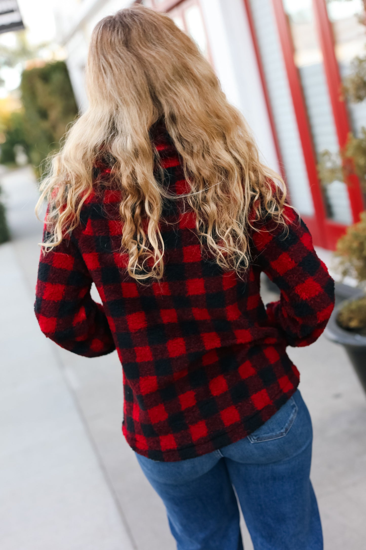 Red Sherpa Plaid Asymmetrical Zip Sweater Top