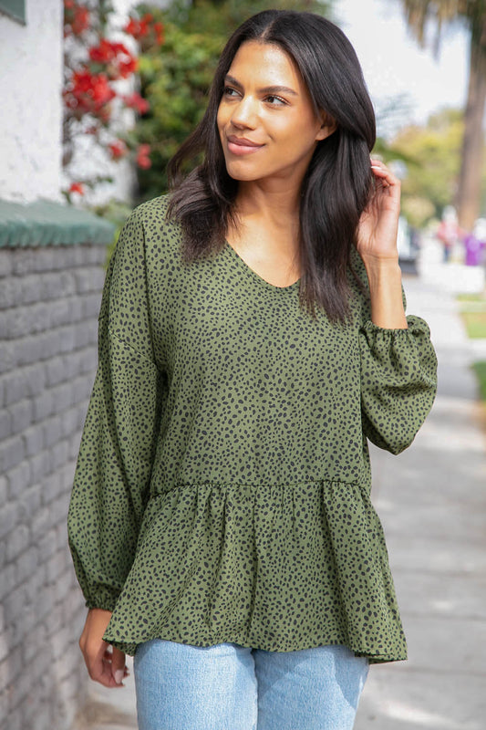 Moss Green Leopard Wool Dobby Woven Top