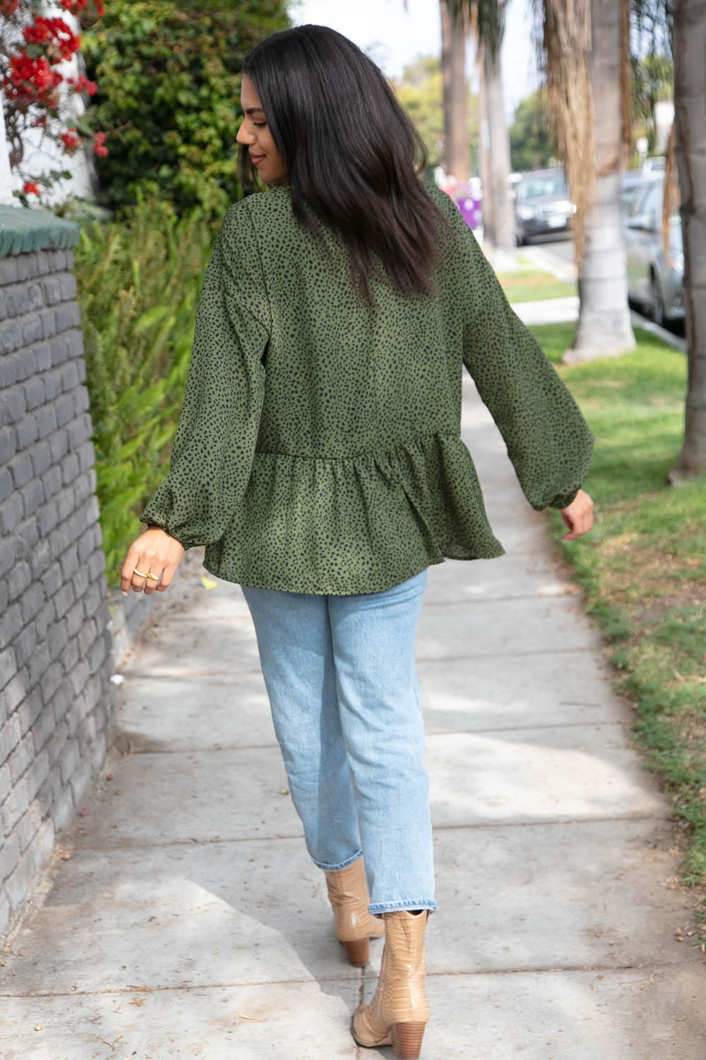 Moss Green Leopard Wool Dobby Woven Top