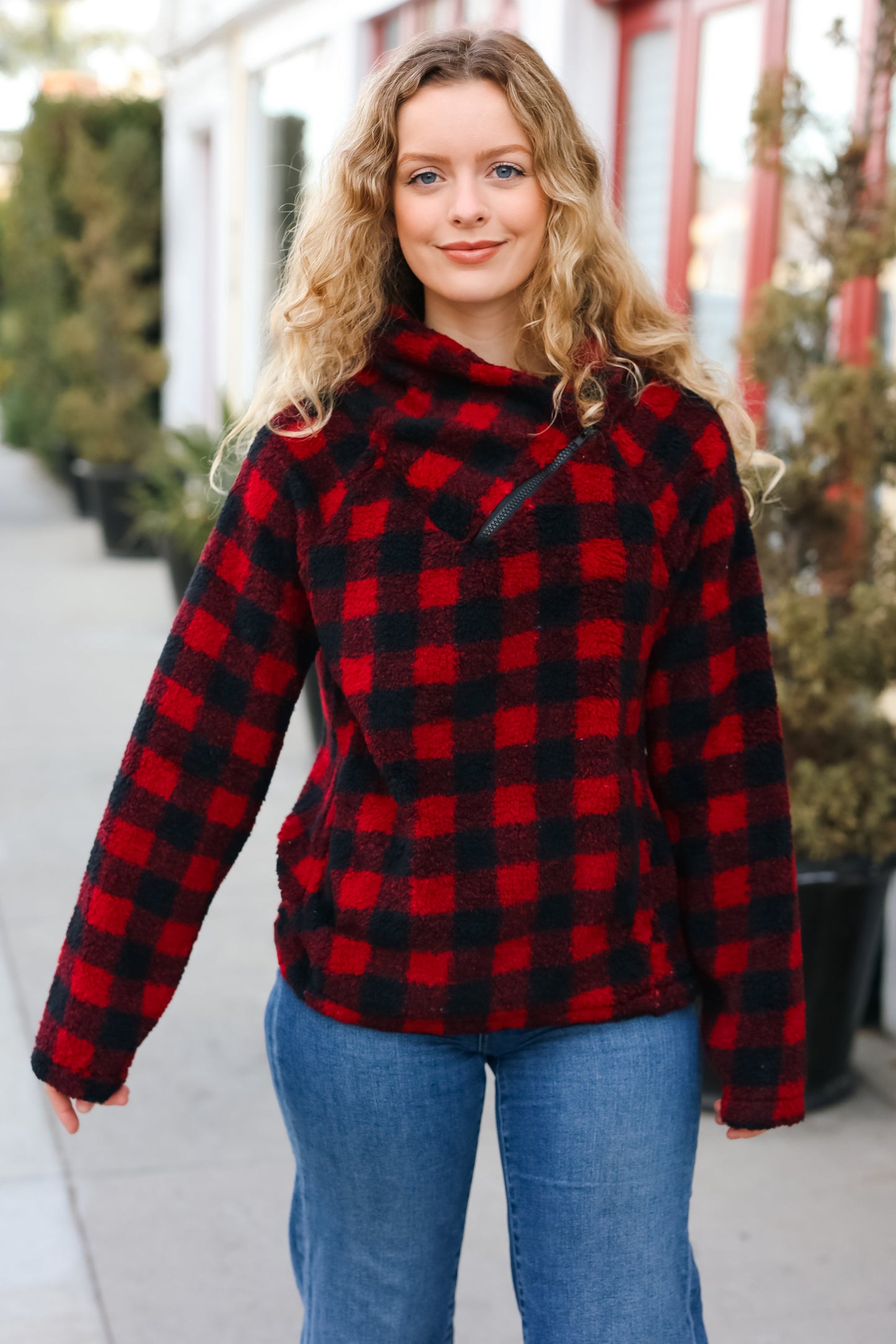 Red Sherpa Plaid Asymmetrical Zip Sweater Top