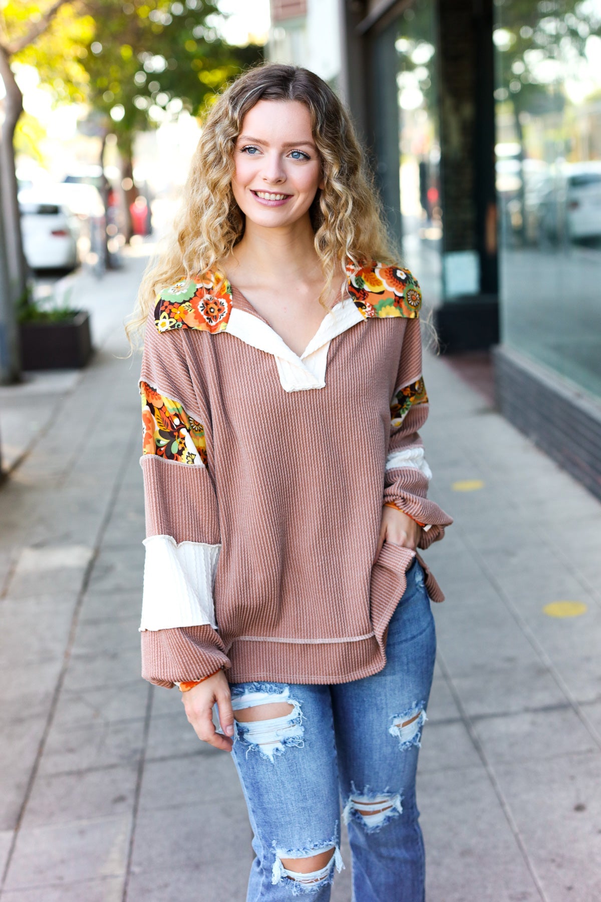 Caramel Floral Color Block Notch Neck Top