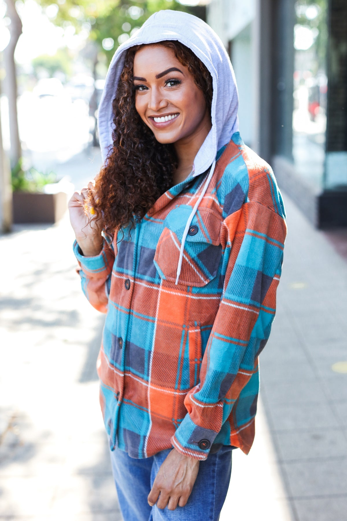 Teal & Orange Plaid Fleece Hoodie Shacket