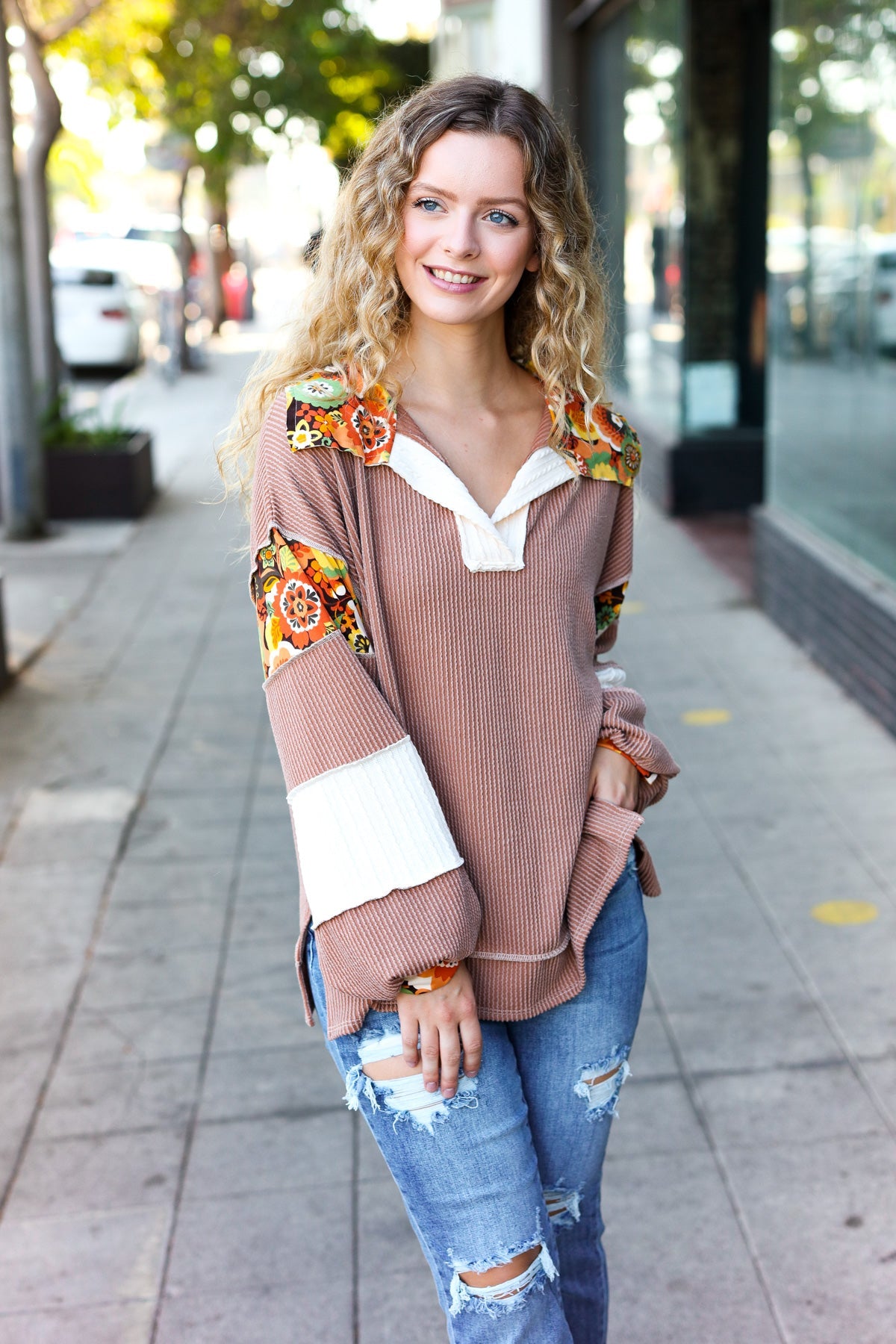 Caramel Floral Color Block Notch Neck Top