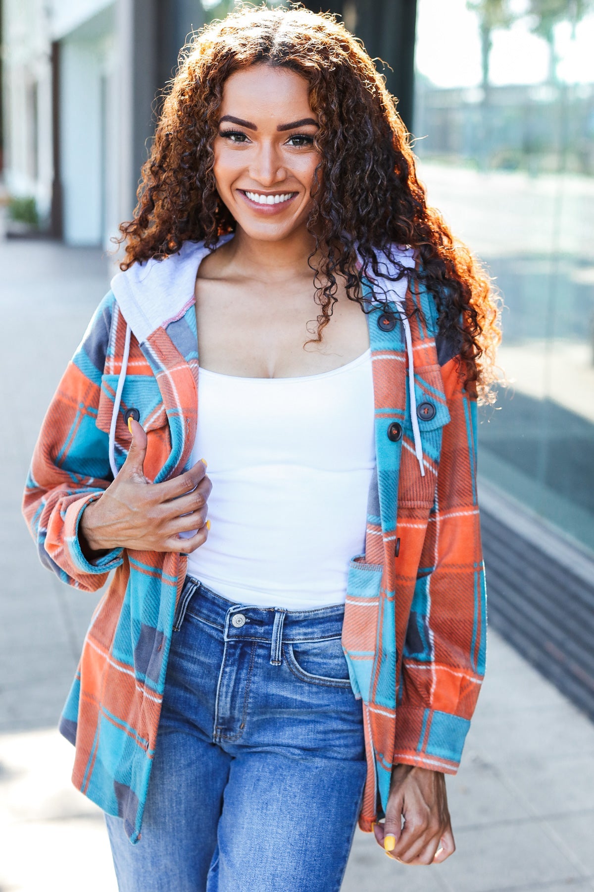 Teal & Orange Plaid Fleece Hoodie Shacket