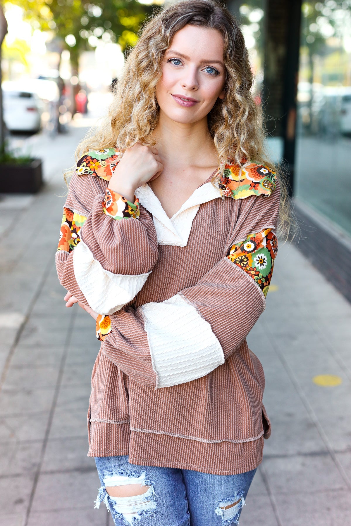 Caramel Floral Color Block Notch Neck Top