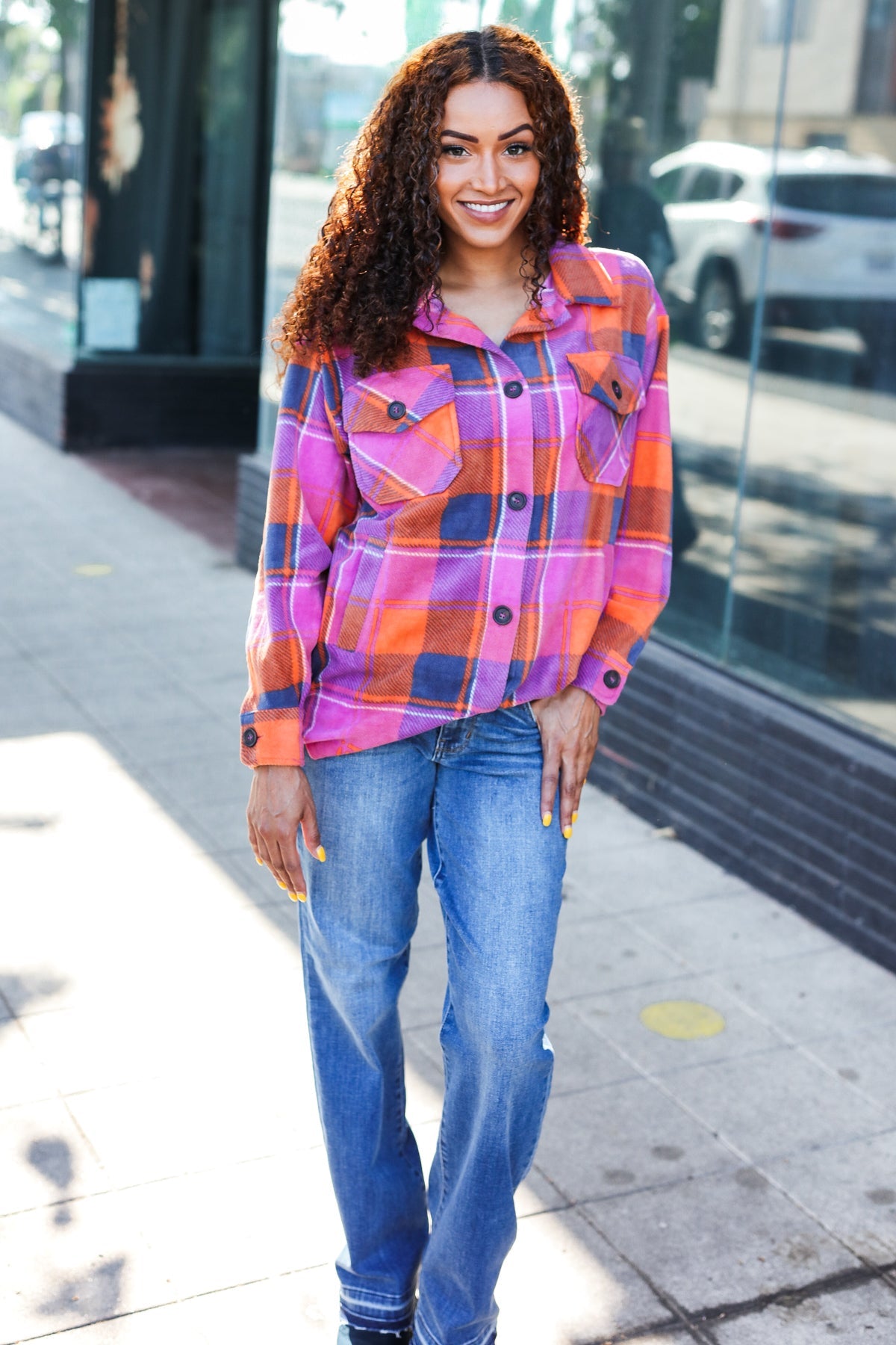 Magenta & Orange Plaid Fleece Collared Shacket