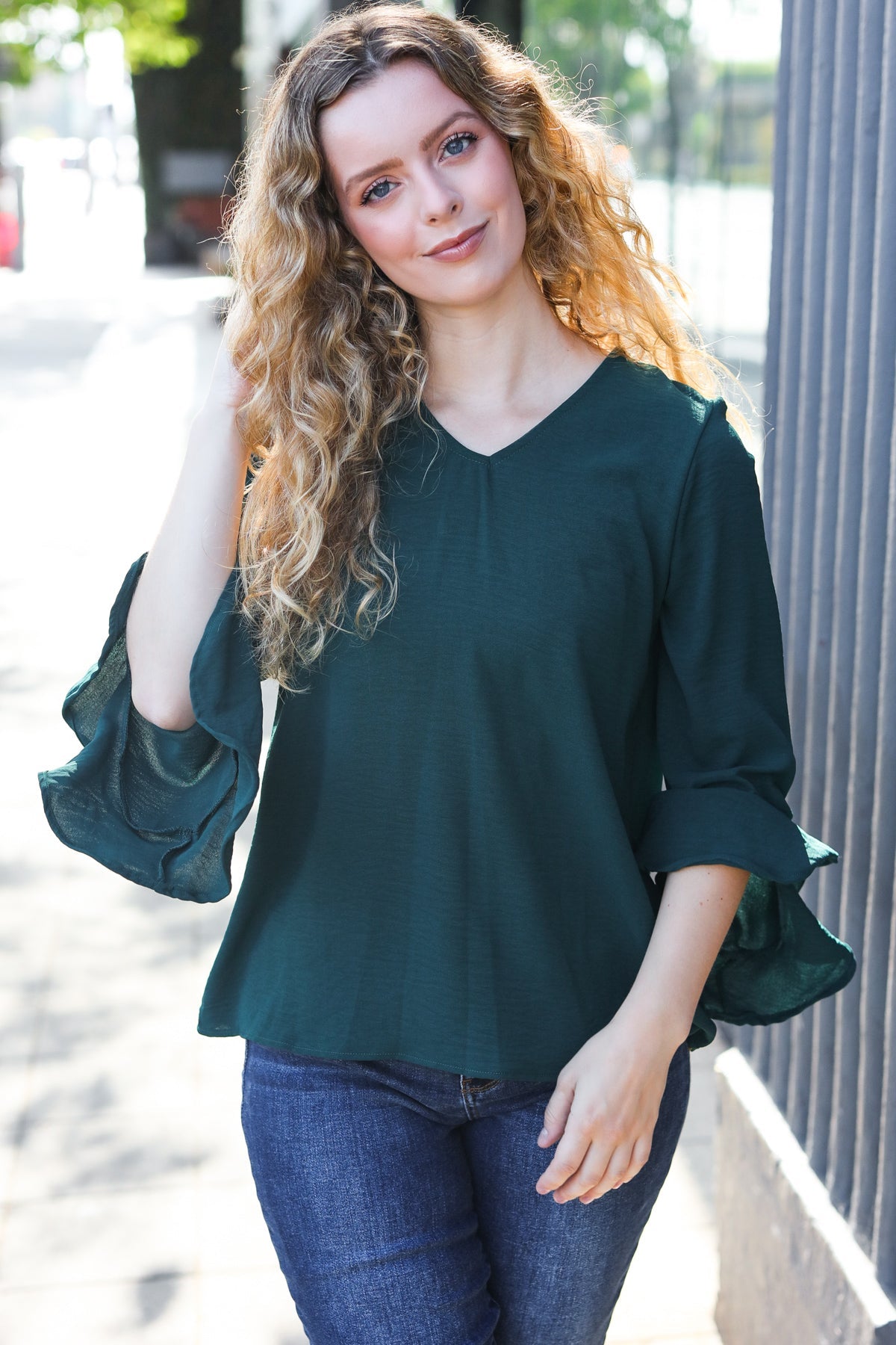 Hunter Green Hi-Lo Ruffle Sleeve Woven Top