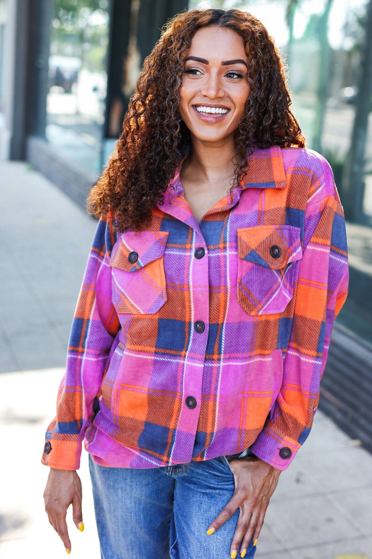 Magenta & Orange Plaid Fleece Collared Shacket