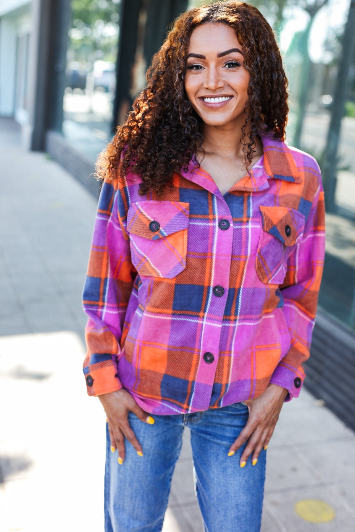 Magenta & Orange Plaid Fleece Collared Shacket