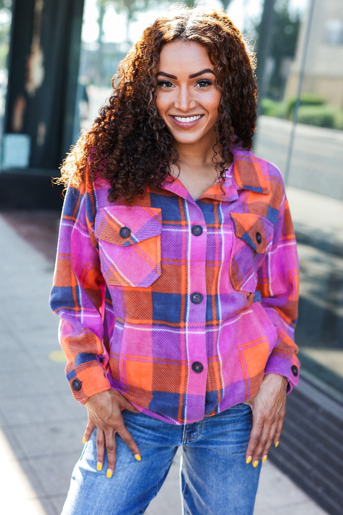 Magenta & Orange Plaid Fleece Collared Shacket