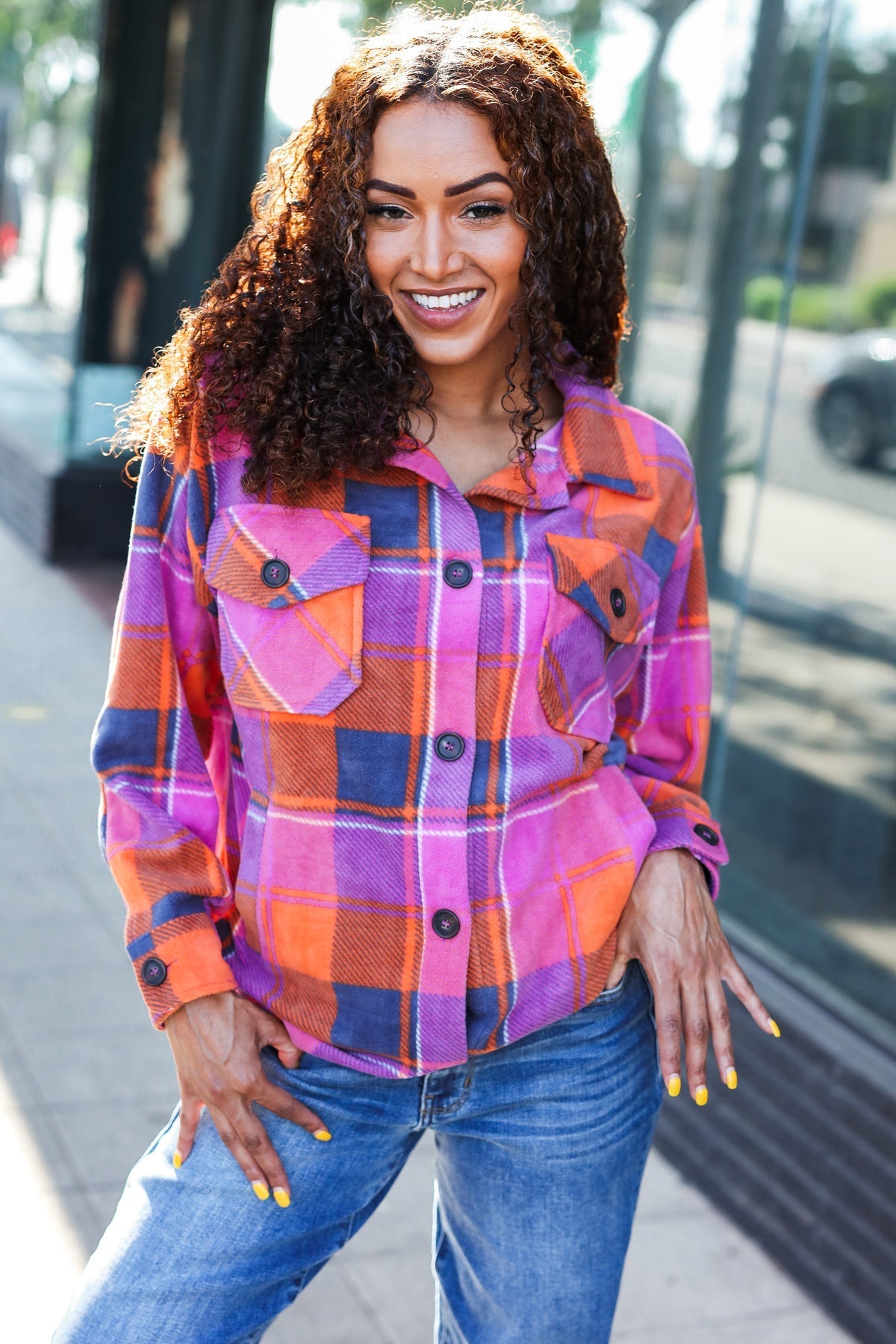 Magenta & Orange Plaid Fleece Collared Shacket