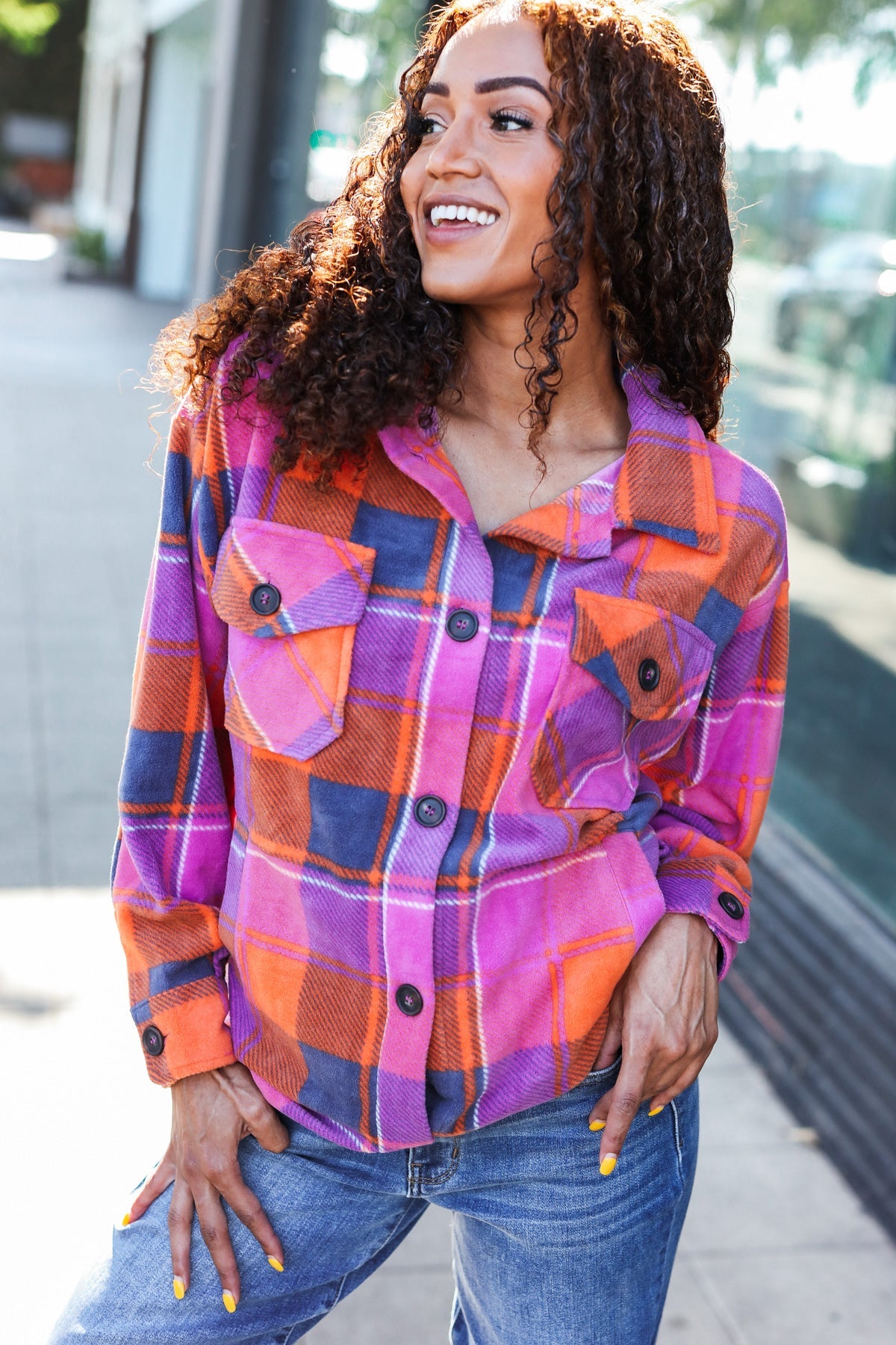 Magenta & Orange Plaid Fleece Collared Shacket