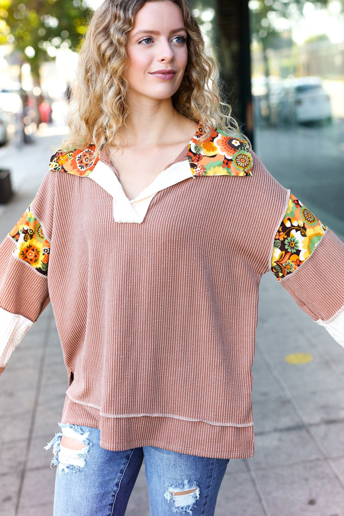 Caramel Floral Color Block Notch Neck Top