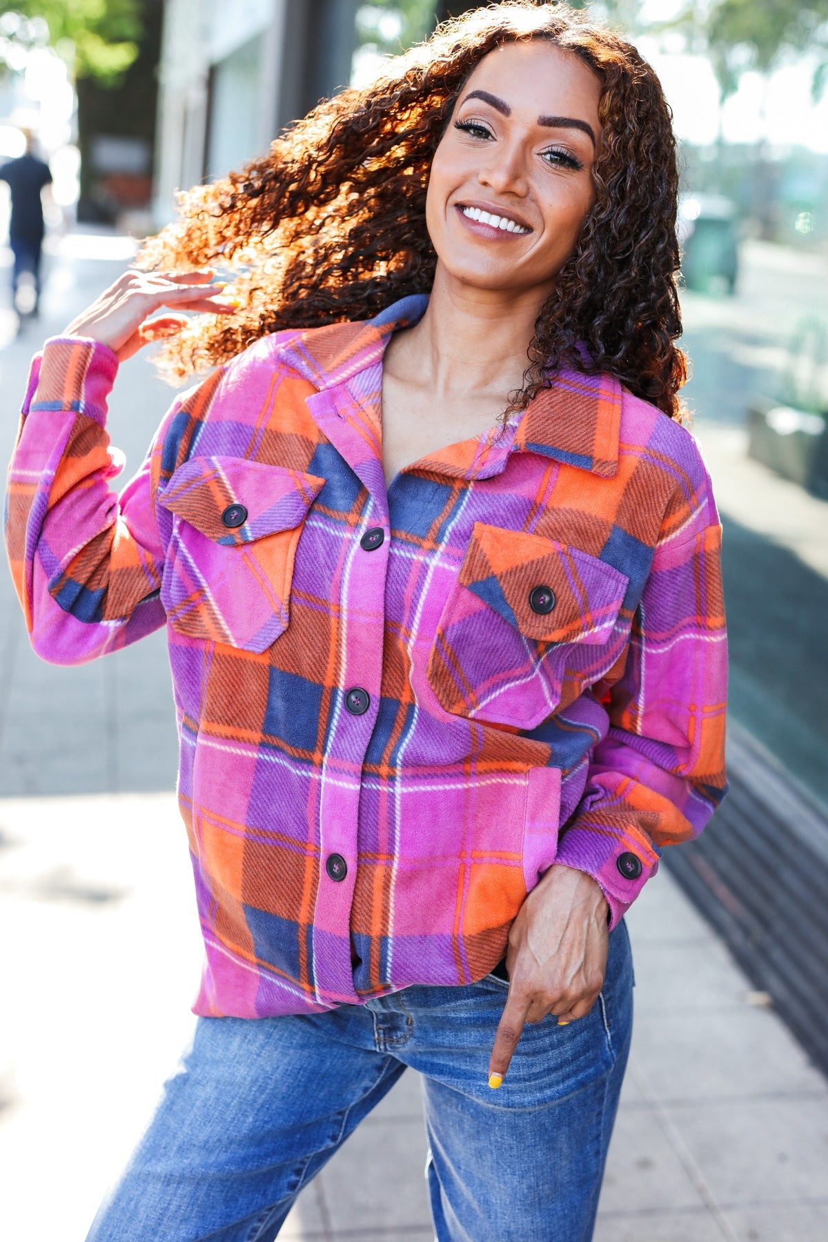 Magenta & Orange Plaid Fleece Collared Shacket