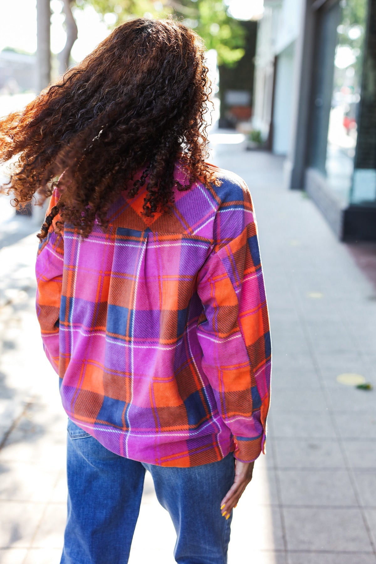 Magenta & Orange Plaid Fleece Collared Shacket