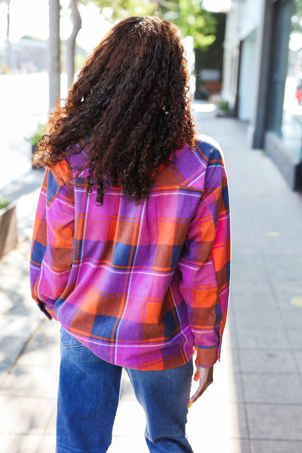 Magenta & Orange Plaid Fleece Collared Shacket