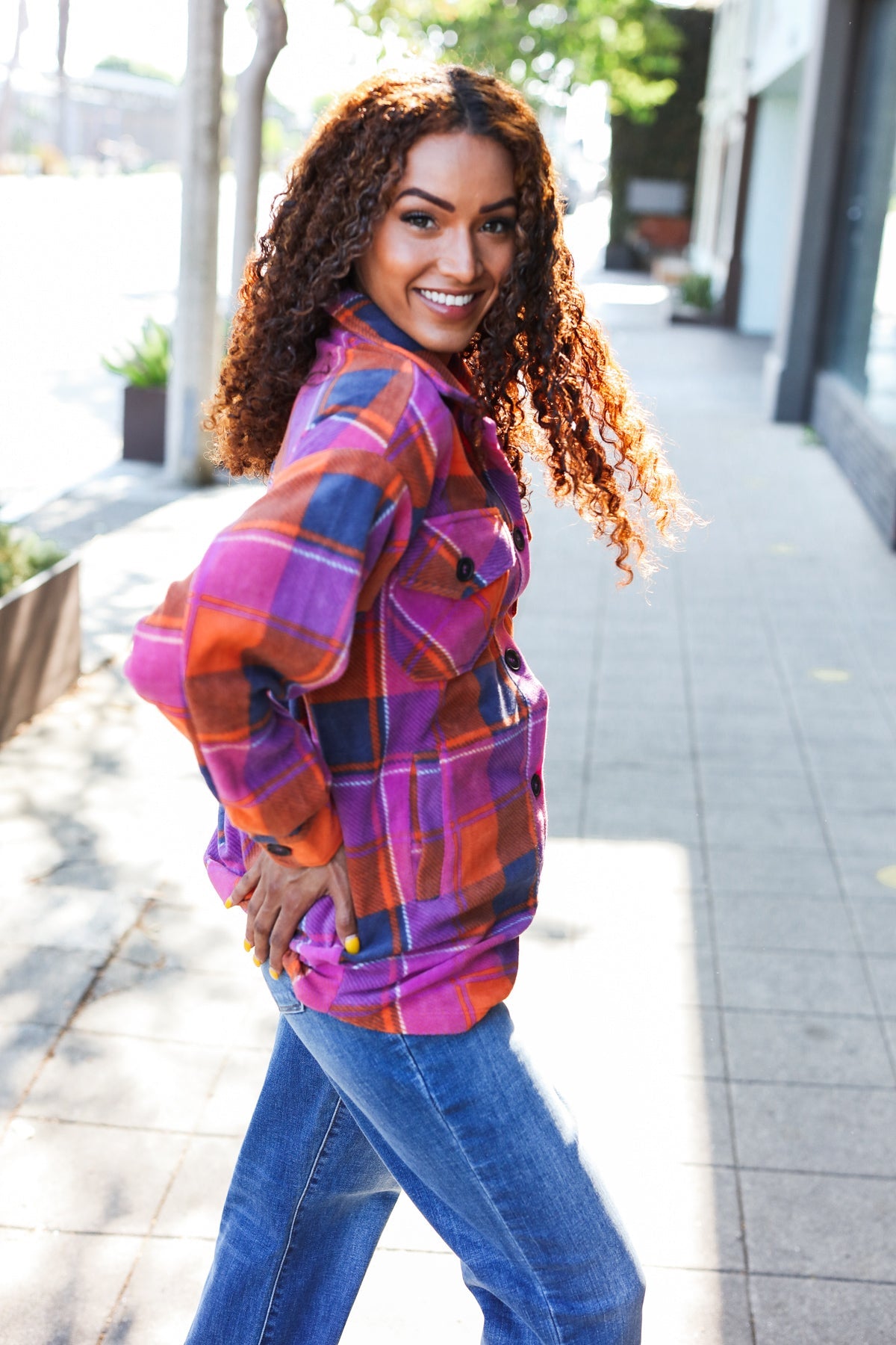 Magenta & Orange Plaid Fleece Collared Shacket