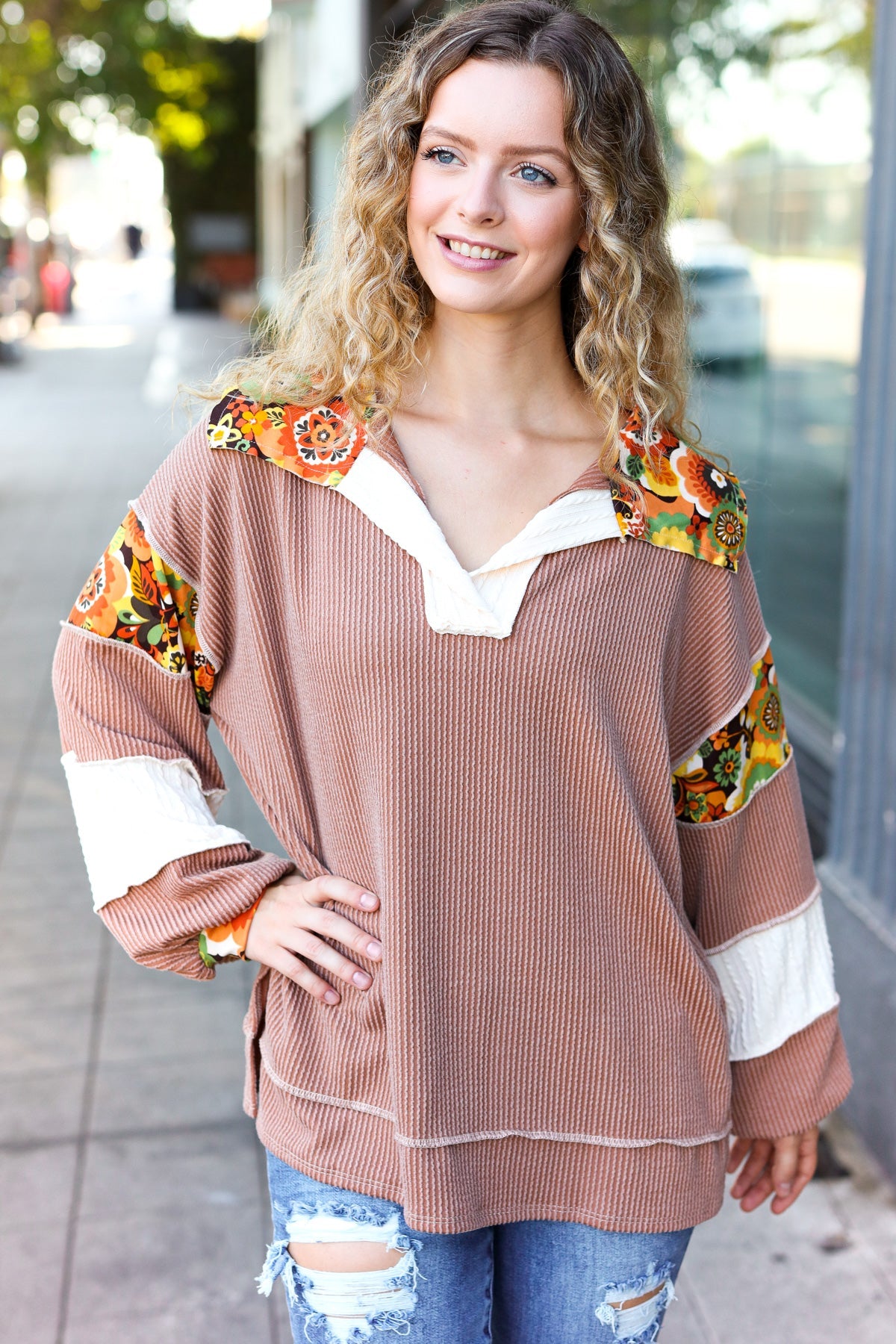 Caramel Floral Color Block Notch Neck Top