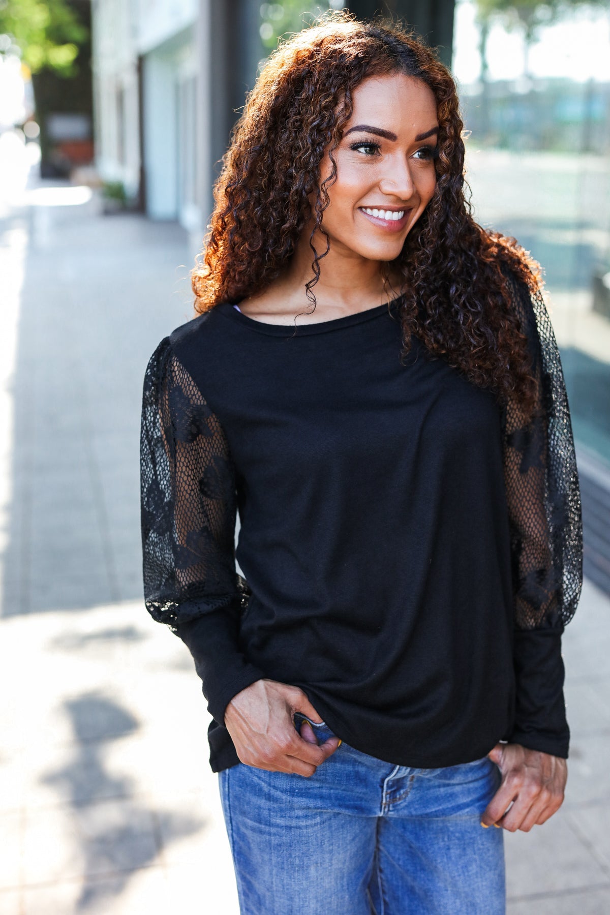 Black Lace Bubble Sleeve Hacci Sweater Top