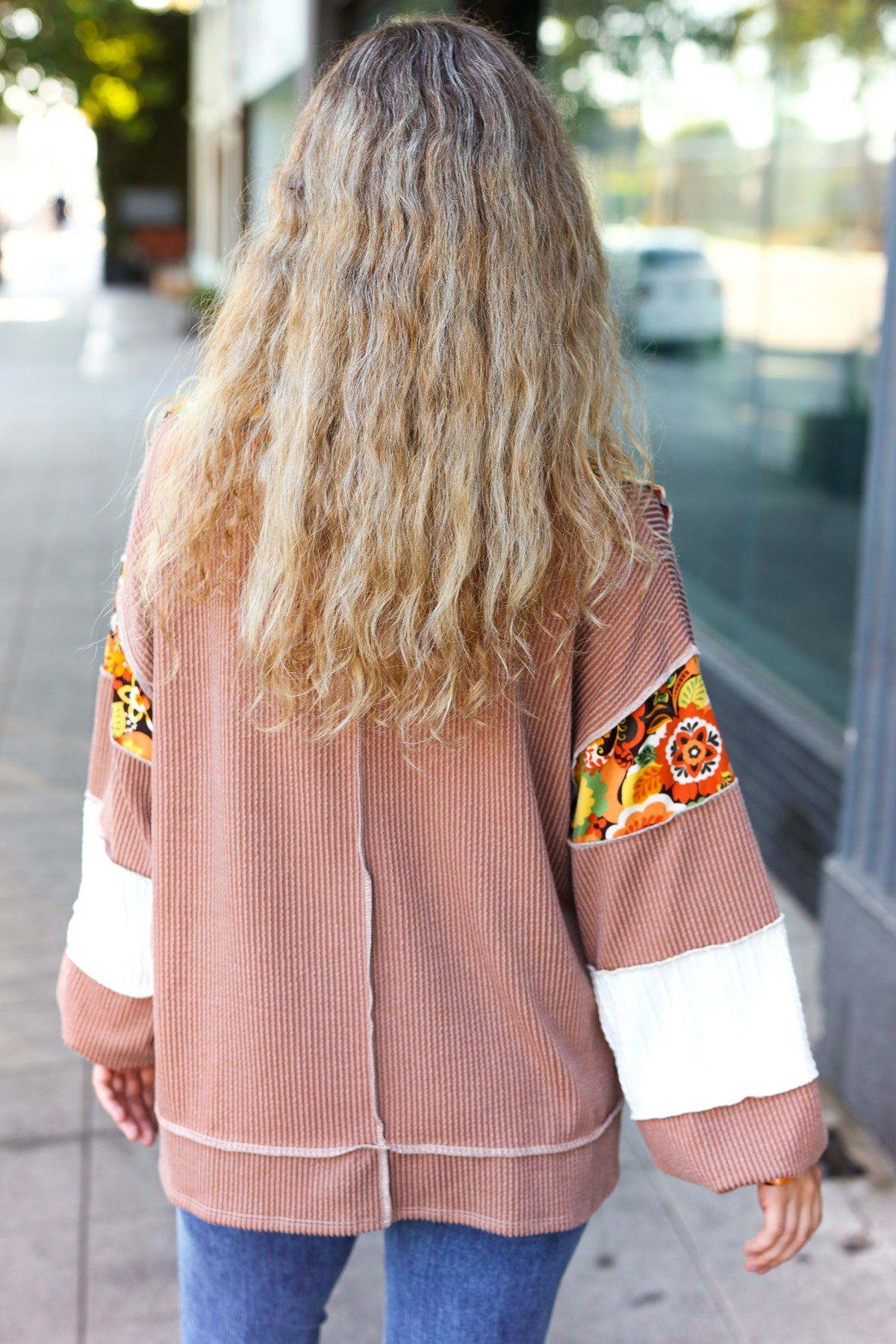 Caramel Floral Color Block Notch Neck Top