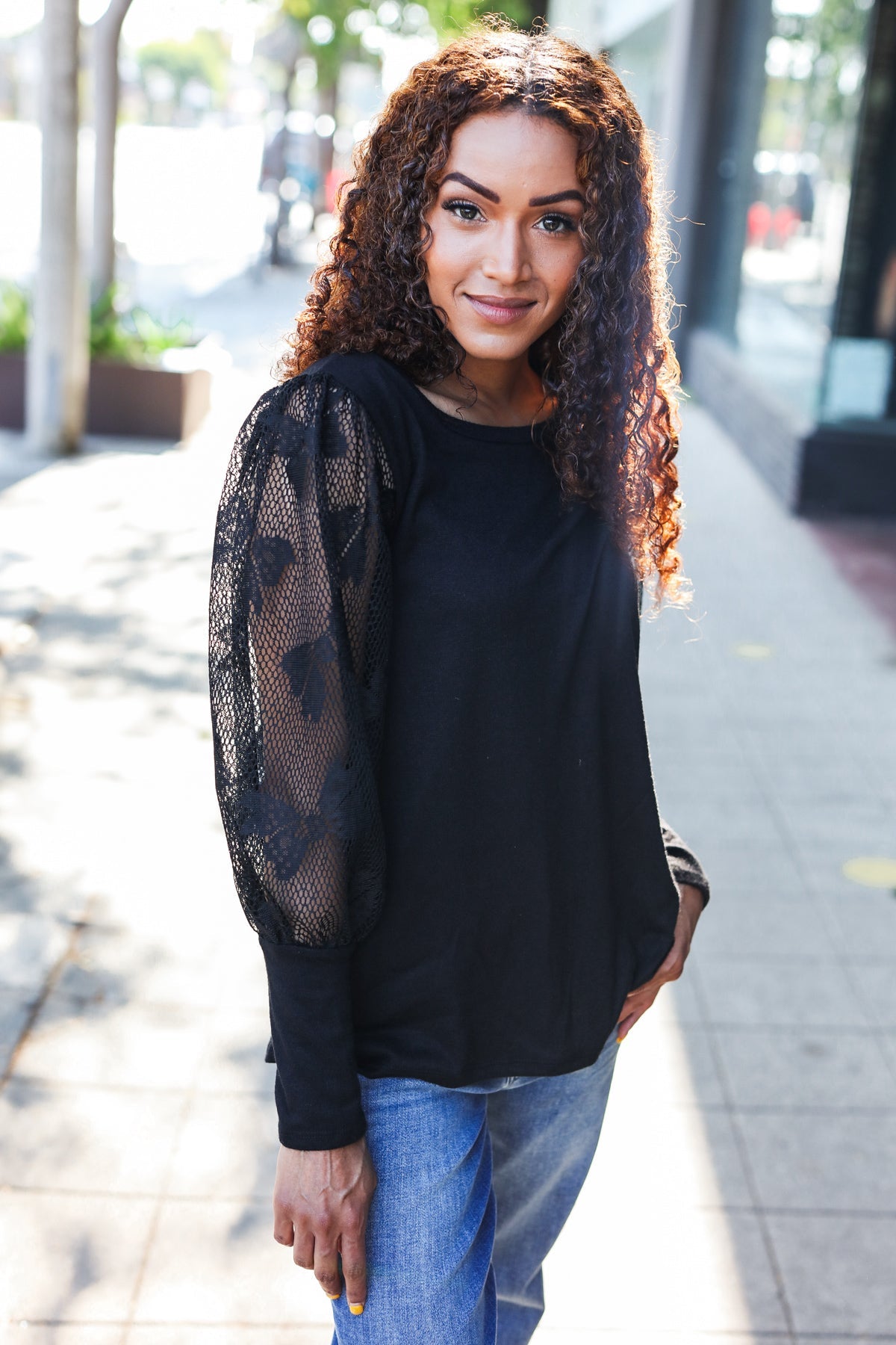 Black Lace Bubble Sleeve Hacci Sweater Top