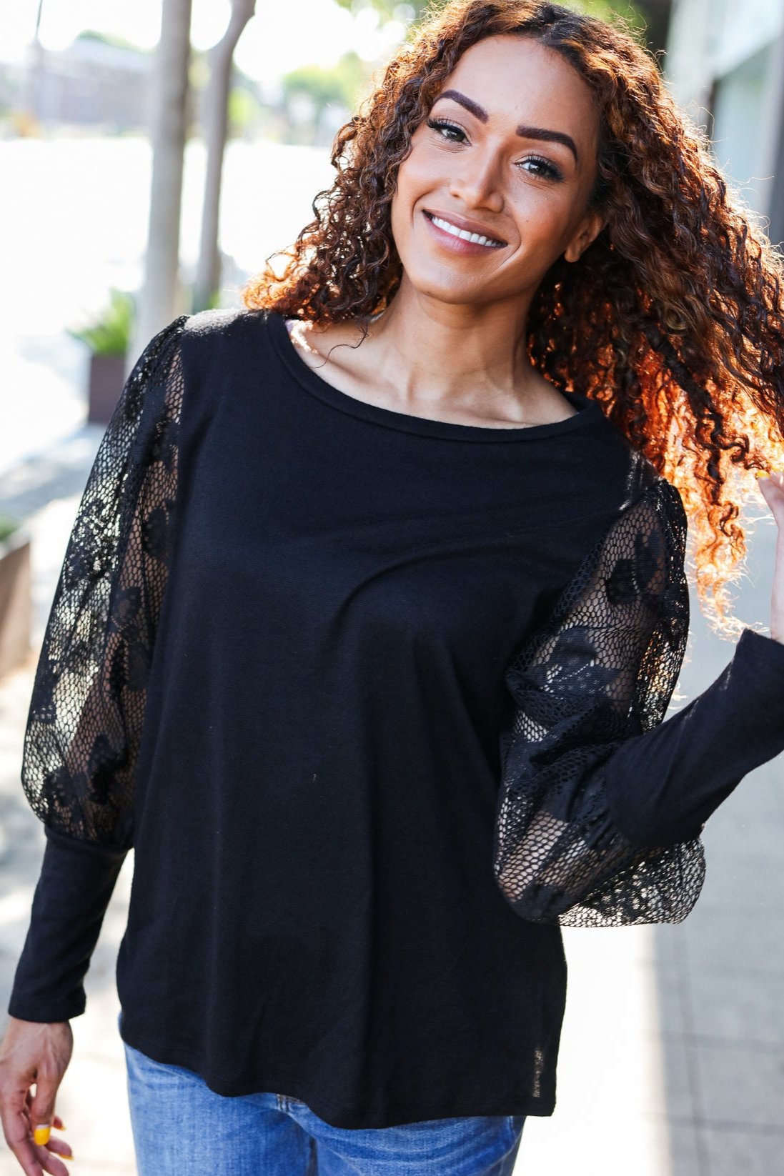 Black Lace Bubble Sleeve Hacci Sweater Top