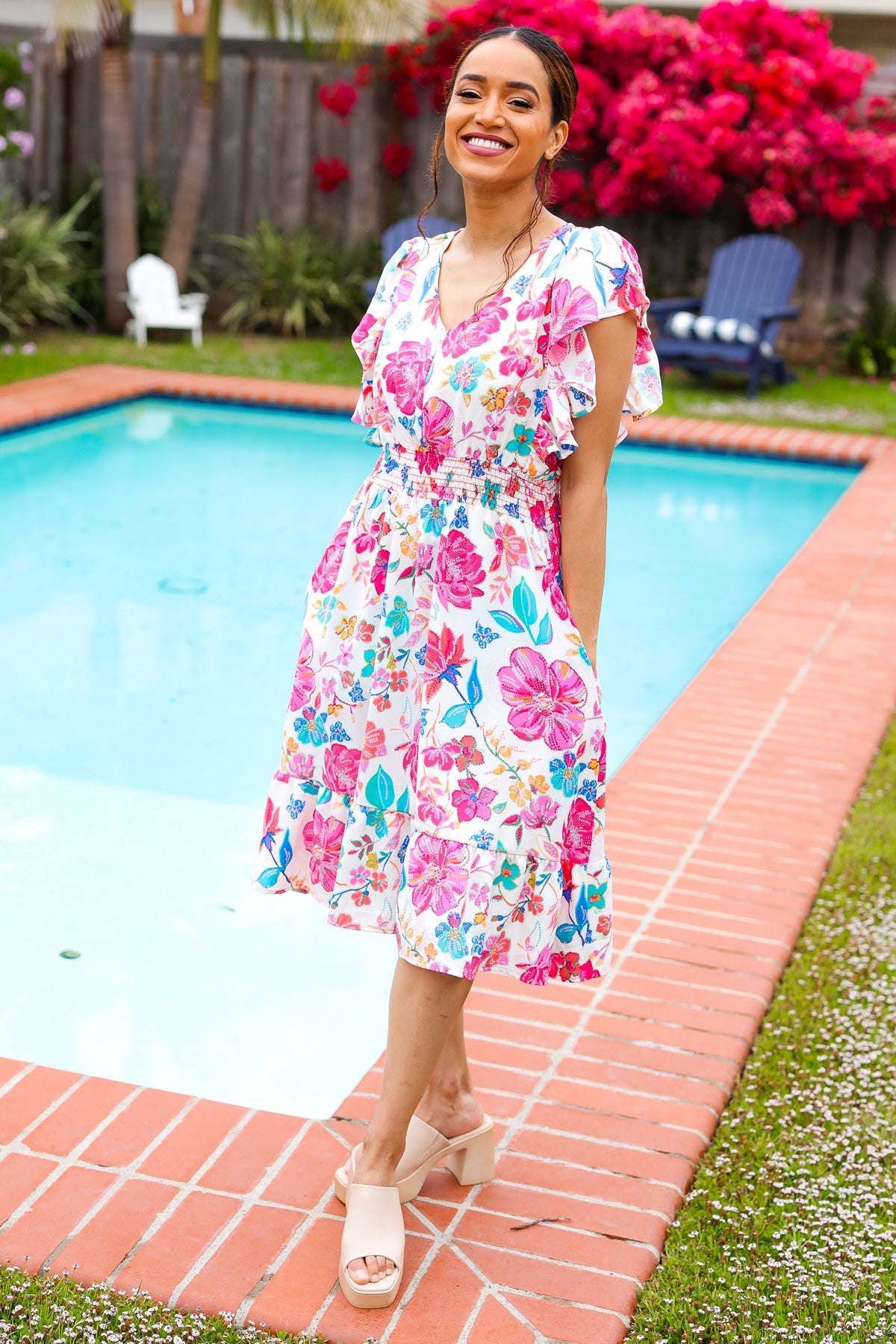 Ivory Fuchsia Floral Smocked Waist Midi Dress