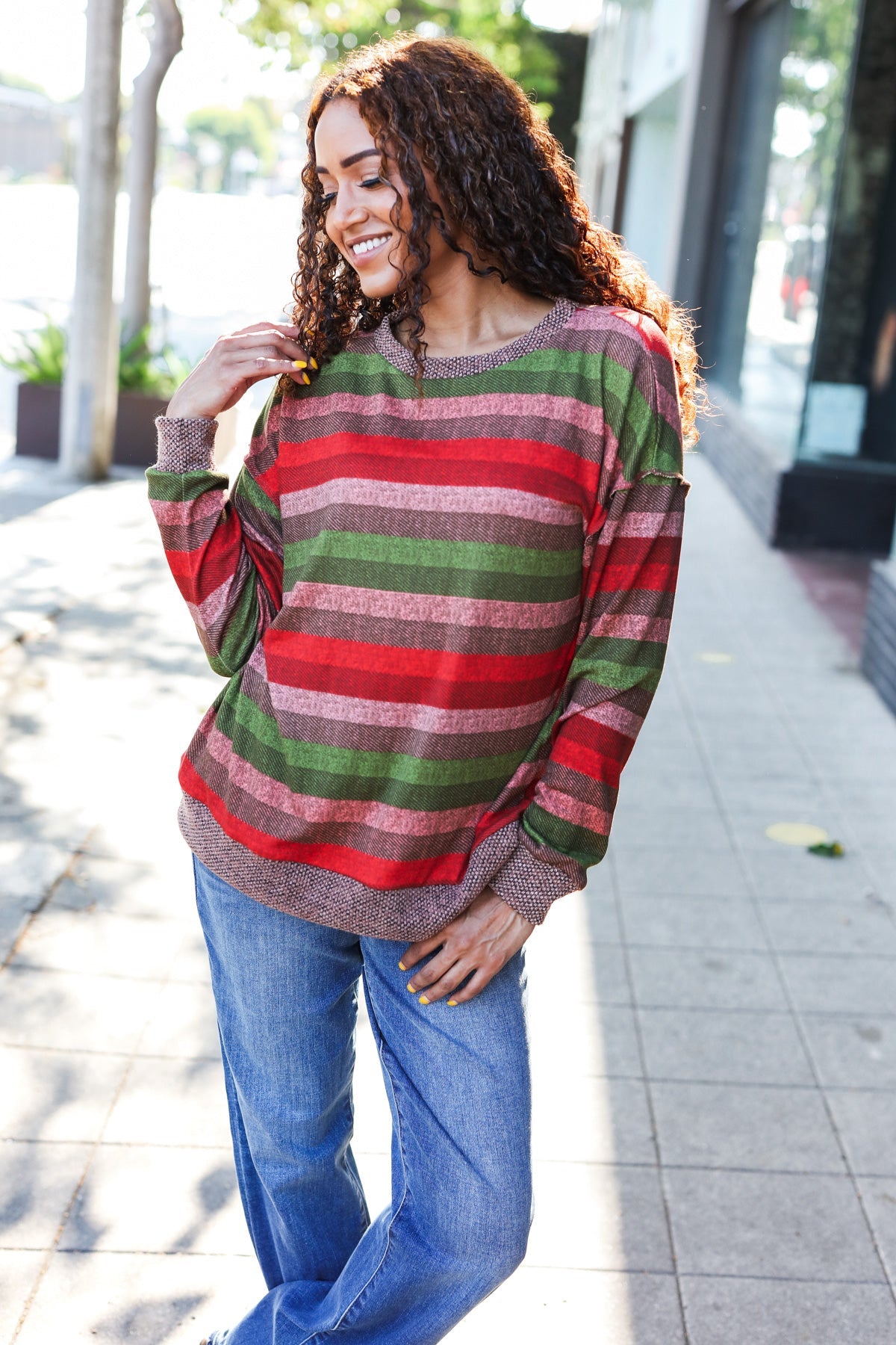 Olive & Mauve Stripe Two-Tone Banded Sweater Top