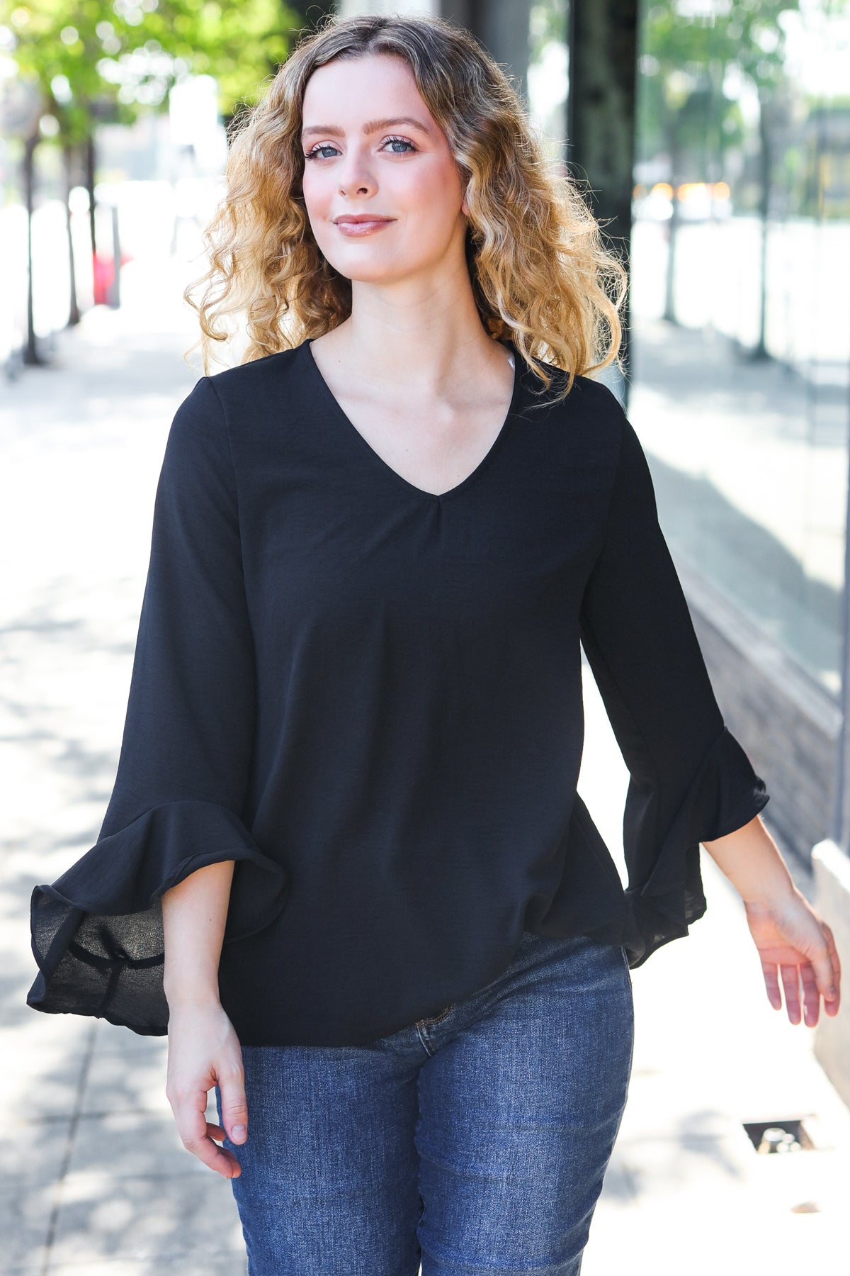 Black Hi-Lo Ruffle Sleeve Woven Top