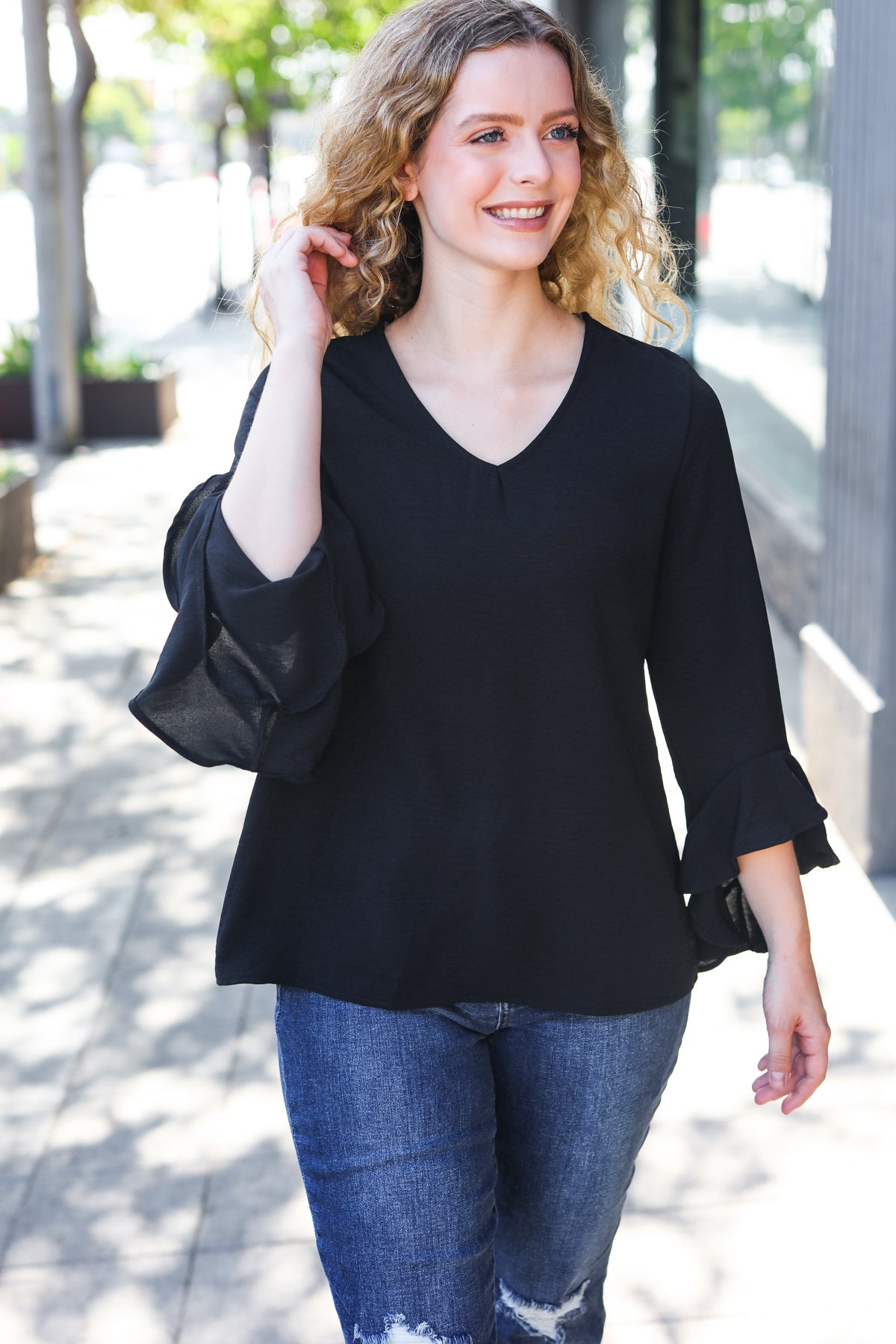 Black Hi-Lo Ruffle Sleeve Woven Top