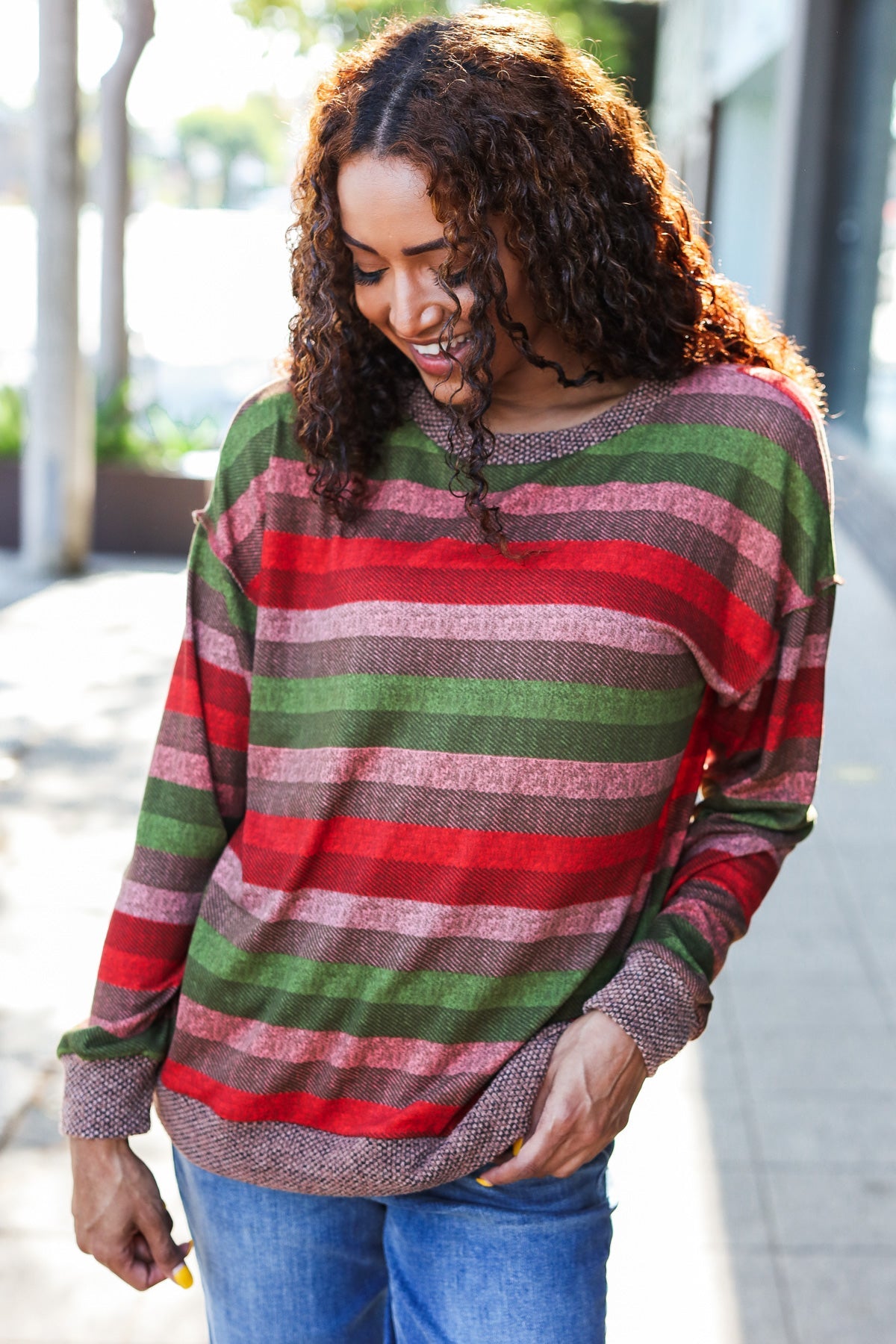 Olive & Mauve Stripe Two-Tone Banded Sweater Top