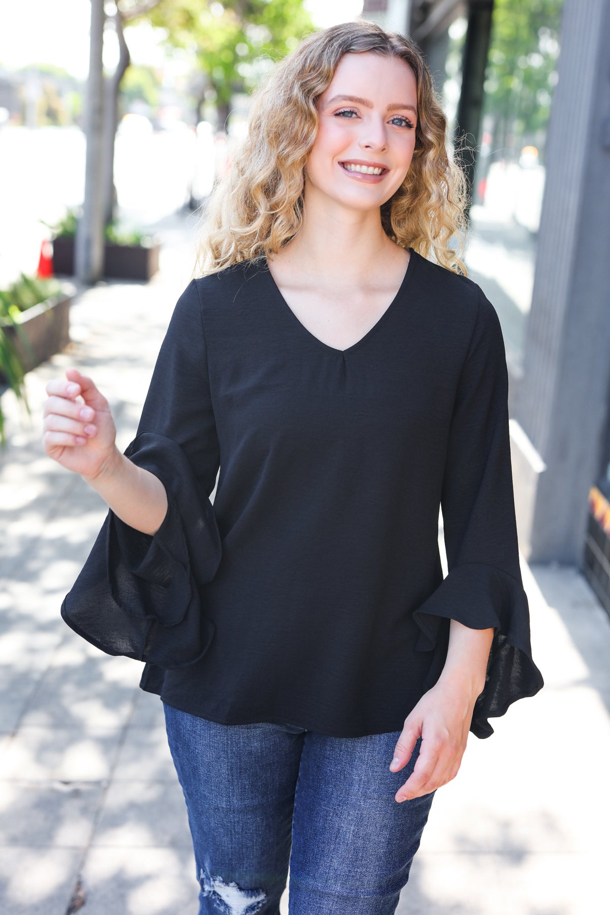 Black Hi-Lo Ruffle Sleeve Woven Top