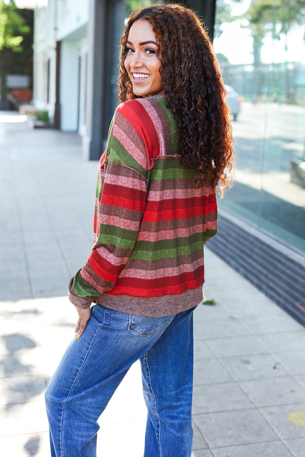 Olive & Mauve Stripe Two-Tone Banded Sweater Top