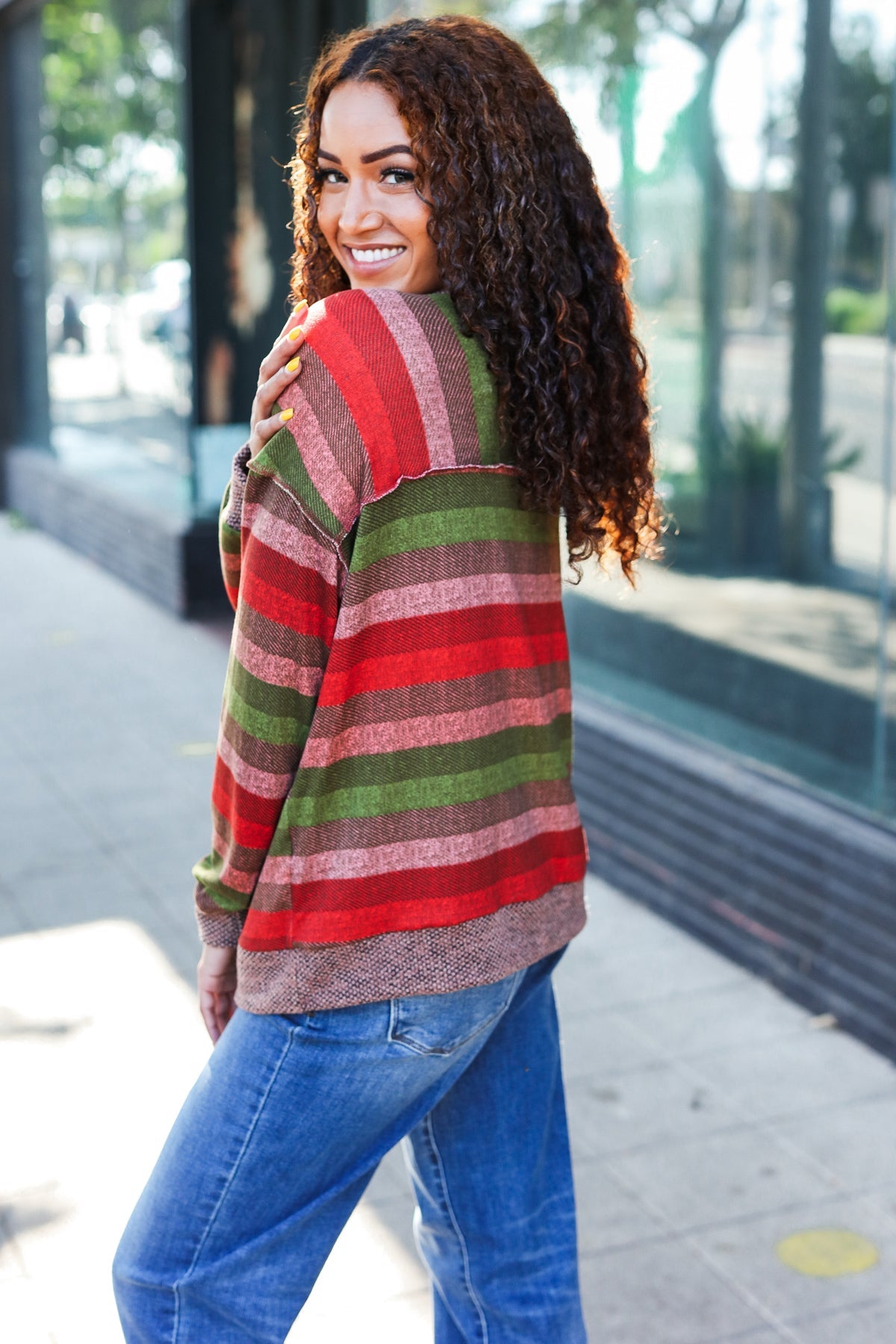 Olive & Mauve Stripe Two-Tone Banded Sweater Top