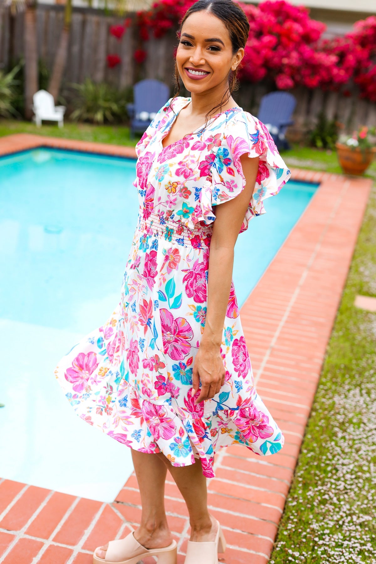 Ivory Fuchsia Floral Smocked Waist Midi Dress