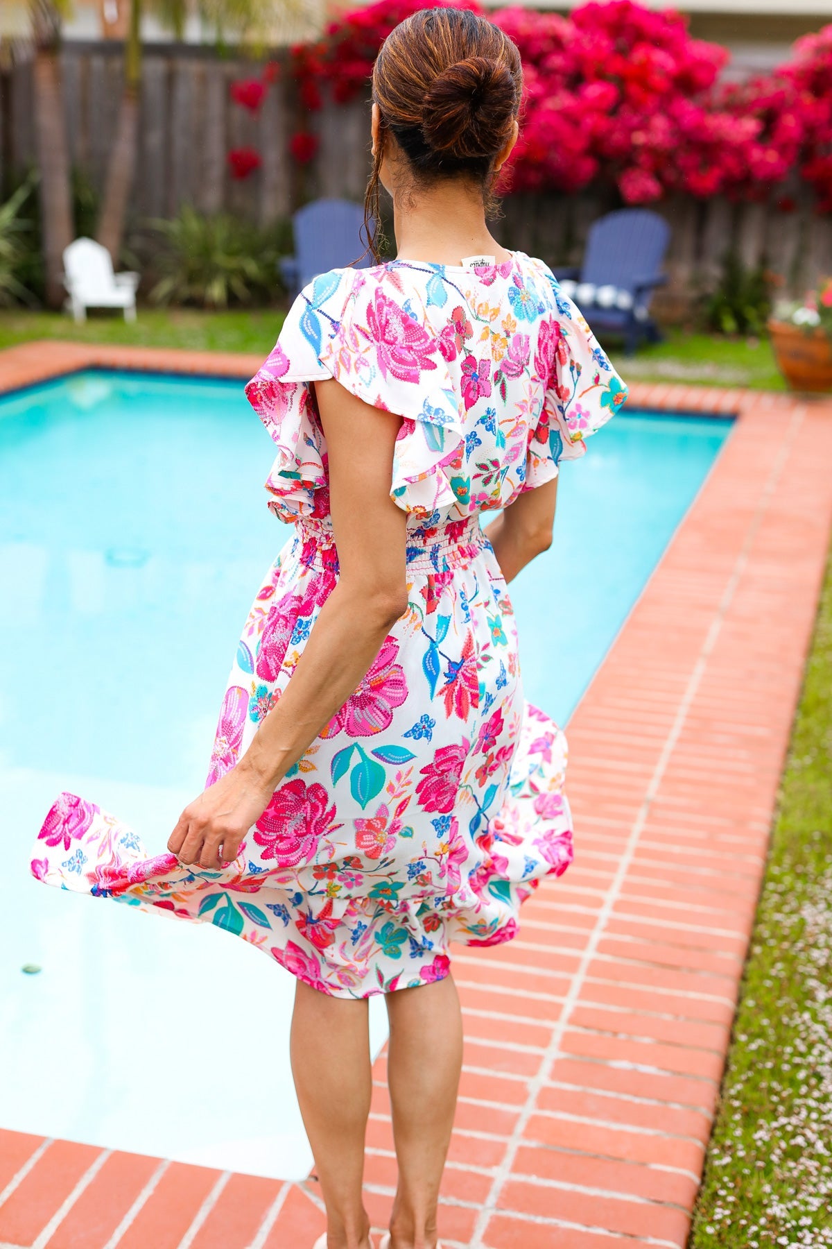 Ivory Fuchsia Floral Smocked Waist Midi Dress